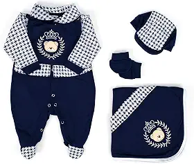 Saída Maternidade Para Bebê Menino Príncipe Urso Azul Marinho 04 Peças