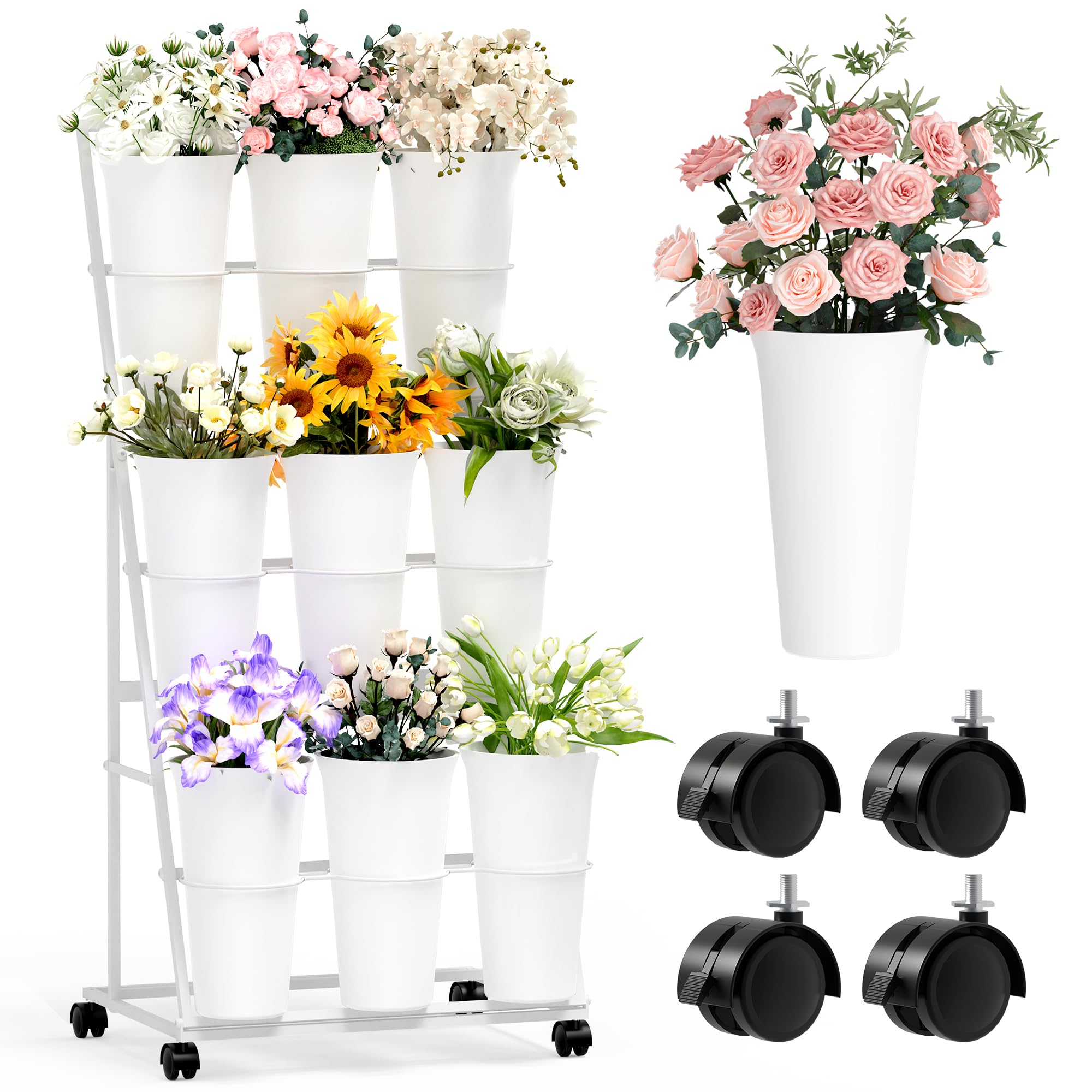Photo 1 of **UNTESTED**
Invech Flower Display Stand with 9 Buckets, 3 Tier Flower Cart Display Stand and Wheels for Indoor Outdoor Garden, Wedding, Flower Shop (White)