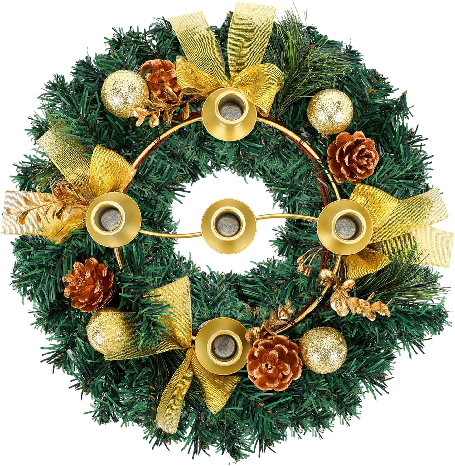 14 Inch Christmas Advent Wreath 5 Candle Holder Christmas Ribbon Candlestick Table Centerpiece Decor with Gold Metal Ring Cups, Red Bow, Pine Cones, Flower for Xmas Holiday Church