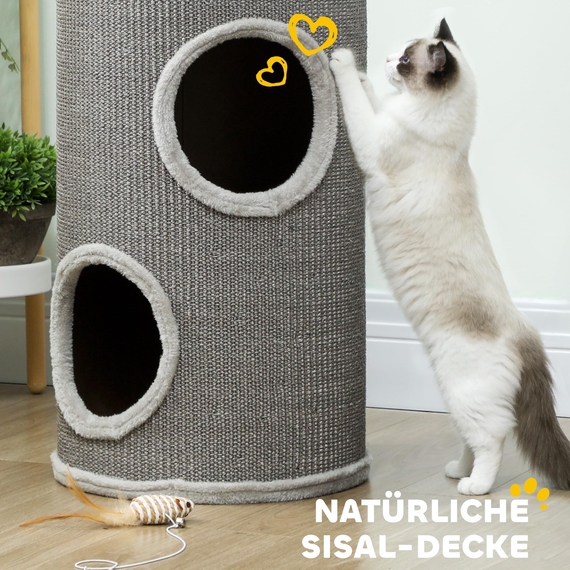 PawHut Arbre à Chat, 60 cm de Haut, Ø 35 cm, Deux étages avec 2 niches, Bordure en Peluche, Tour pour 1 à 2 Chats jusqu'à 5 kg, Gris Clair