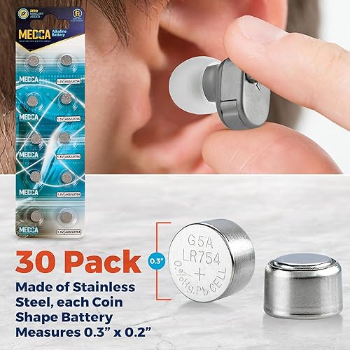 Miniatura 6 de MEDca Baterías AG5 LR754  Paquete de 30  1.5 V alcalinas 754 LR48 193 pilas de botón de batería para audífonos y amplificadores auditivos