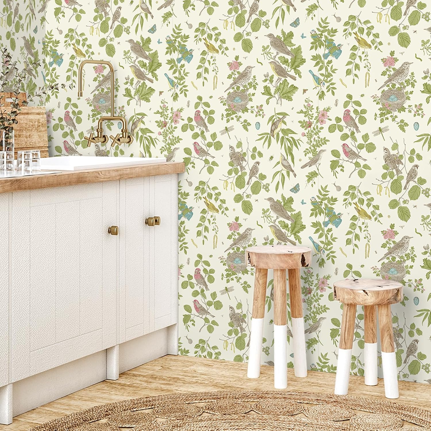 VEELIKE Retro Cottage Bird Wallpaper Stick and Peel Vintage Floral Wallpaper with Butterfly Dragonfly 17.7''x354'' Boho Botanical Wall Paper Removable Self Adhesive Contact Paper for Bedroom Bathroom