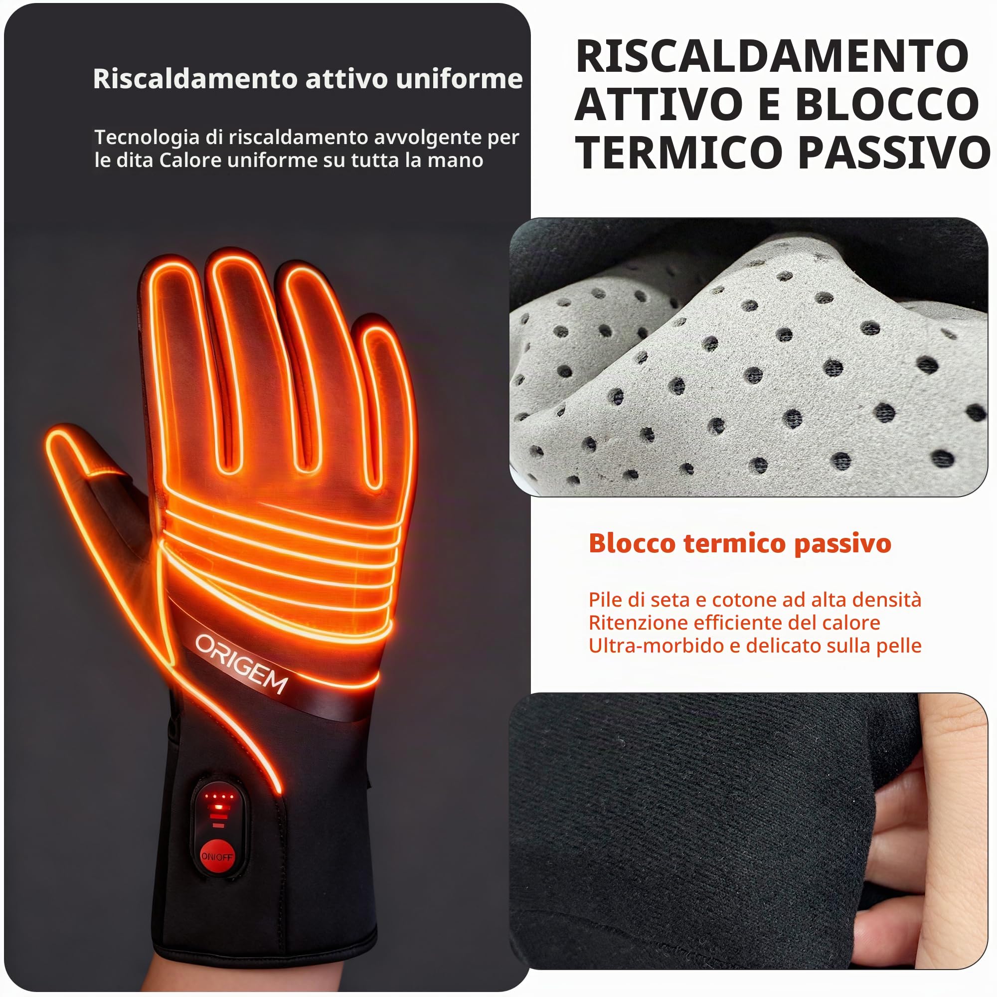 Origem Guanti Riscaldabili Moto Uomo Donna Ultrasottile, 6000mAh Batteria Ricaricabili, Invernali Termici Impermeabile Touchscreen Antiscivolo Riflettente Sottoguanti per Sci Bici Scooter Raynaud