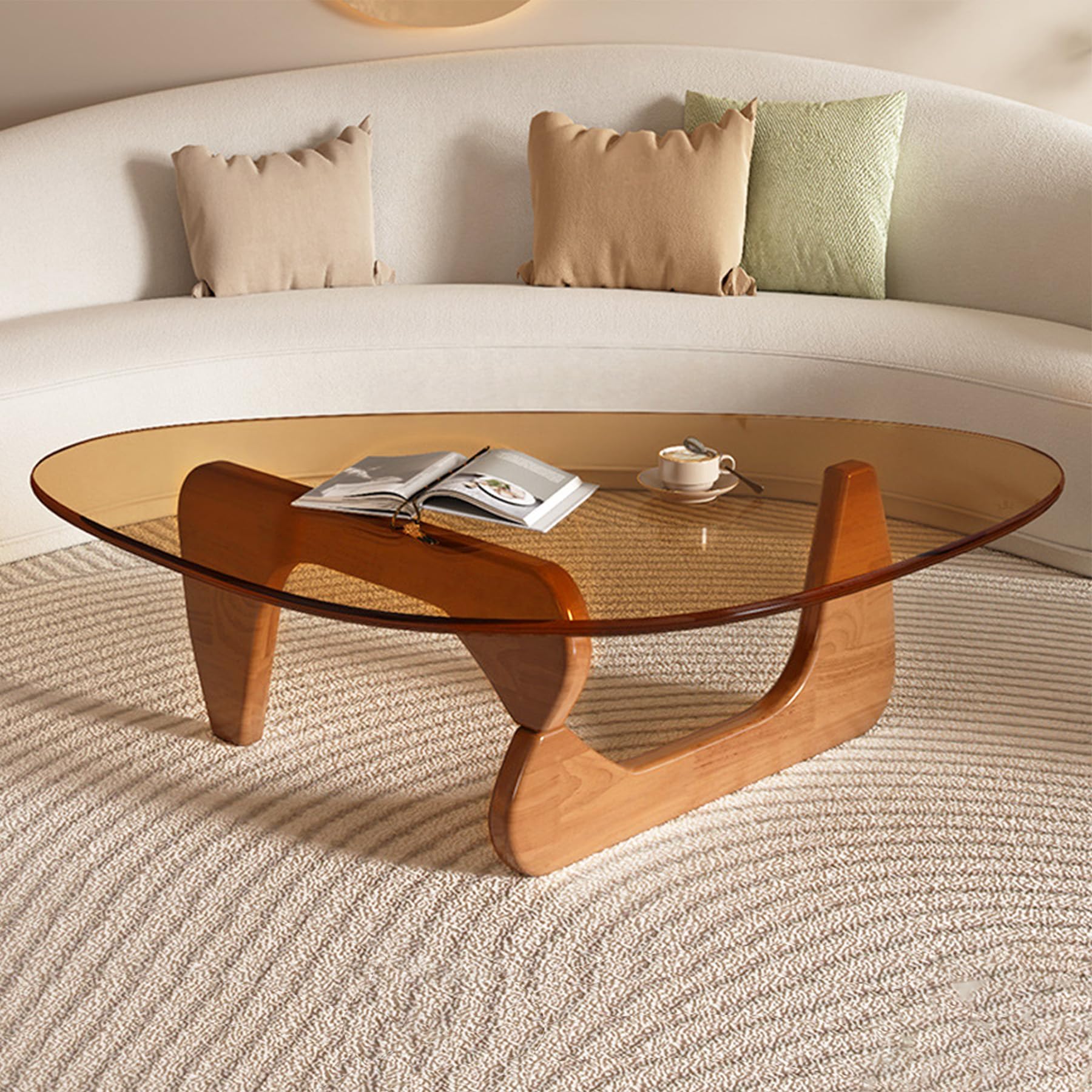 Small Coffee Table Modern Glass Coffee Table, Mid Century Coffee Tables for Living Room, Mesa de Centro para Sala, Rustic Oval Coffee Tables with Glass Top & Wood Base, (Walnut Brown, 31.5in)