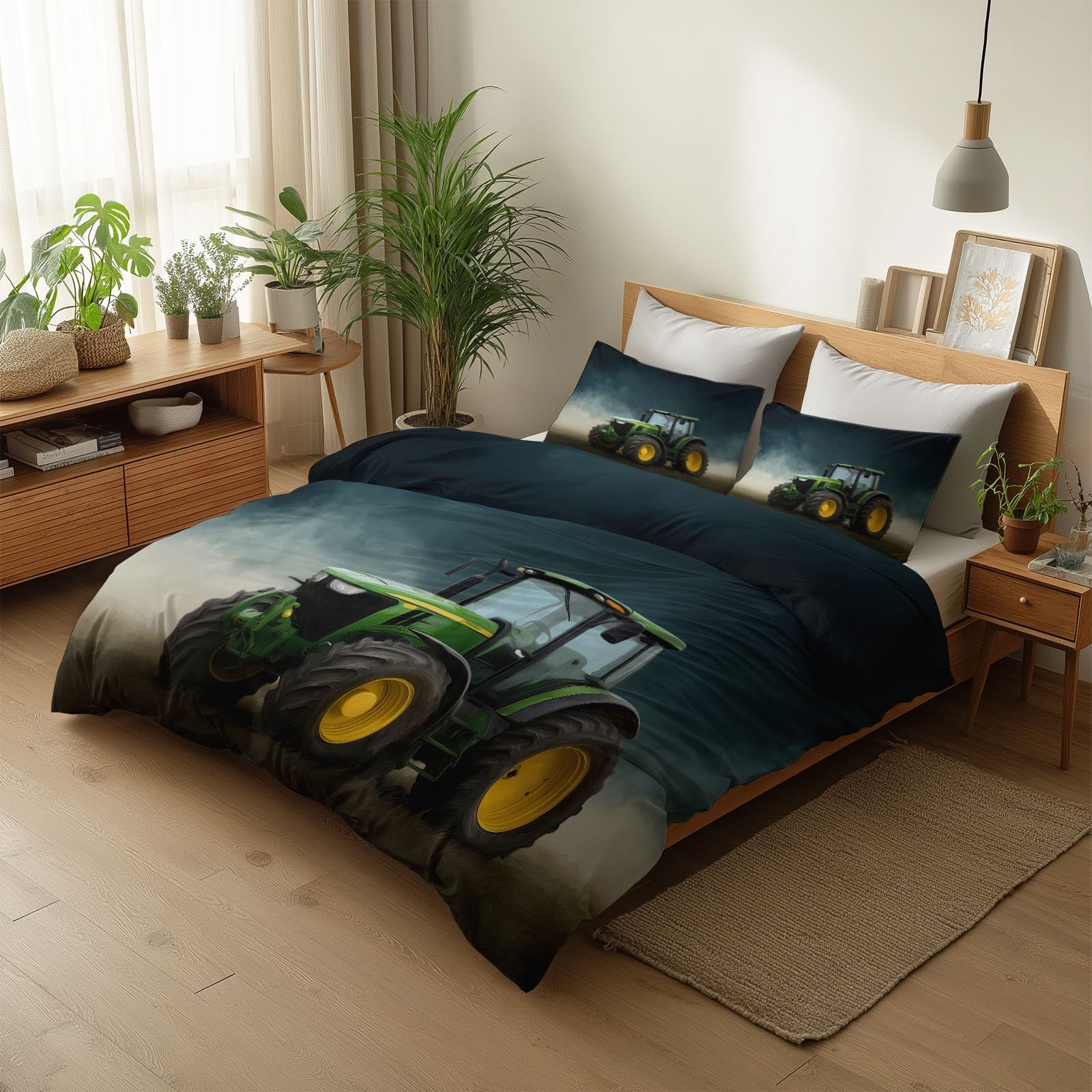 Komplet pościeli 240 x 220 cm, do samochodu, wiejski, traktor, szara, z 2 poszewkami na poduszkę 80 x 80 cm, miękka poszewka na kołdrę z mikrofibry, dwustronna, z zamkiem błyskawicznym