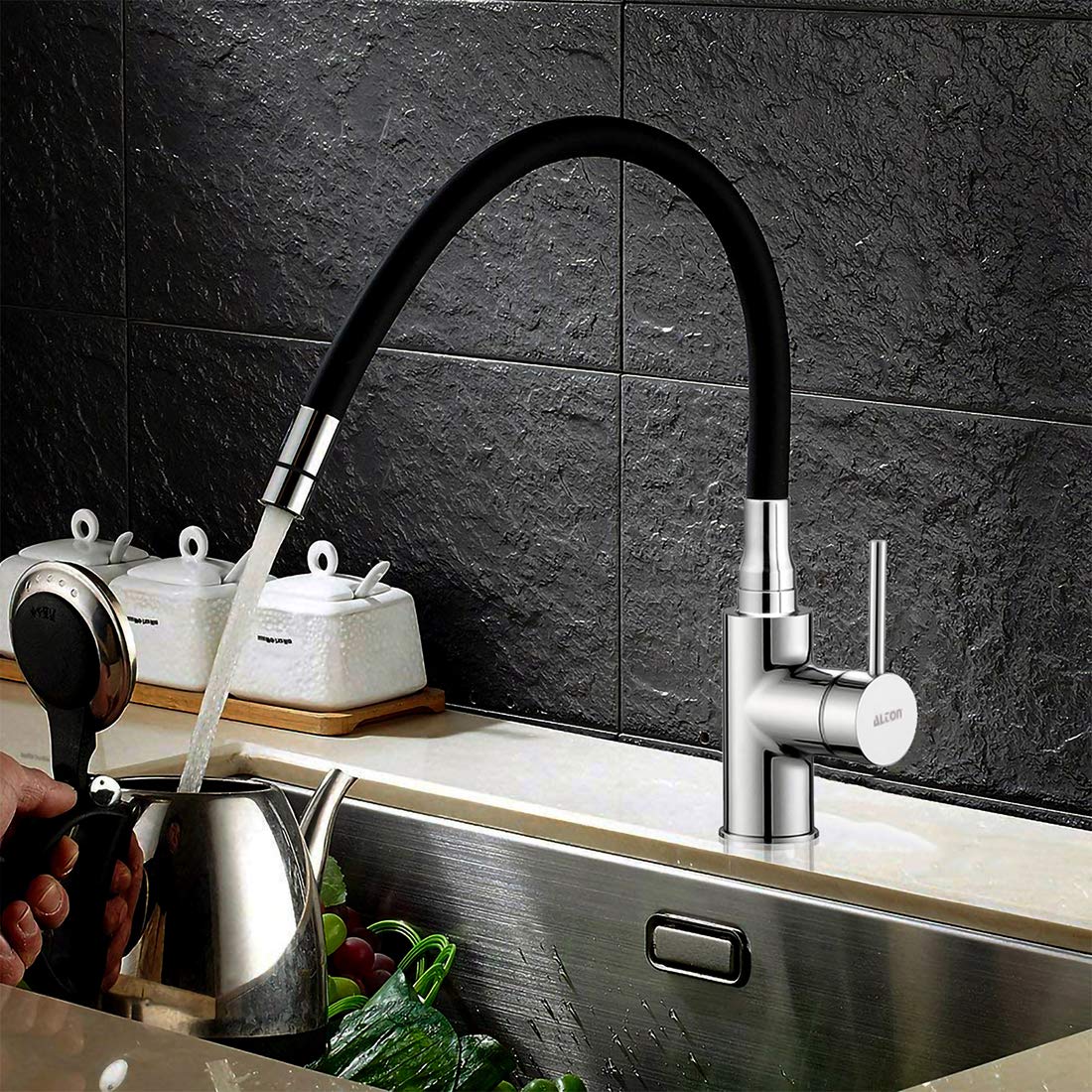 ALTON LEO12195 Brass Single Lever Sink Mixer with Dual Flow Flexible Swivel Spout, Black & Chrome Finish 1