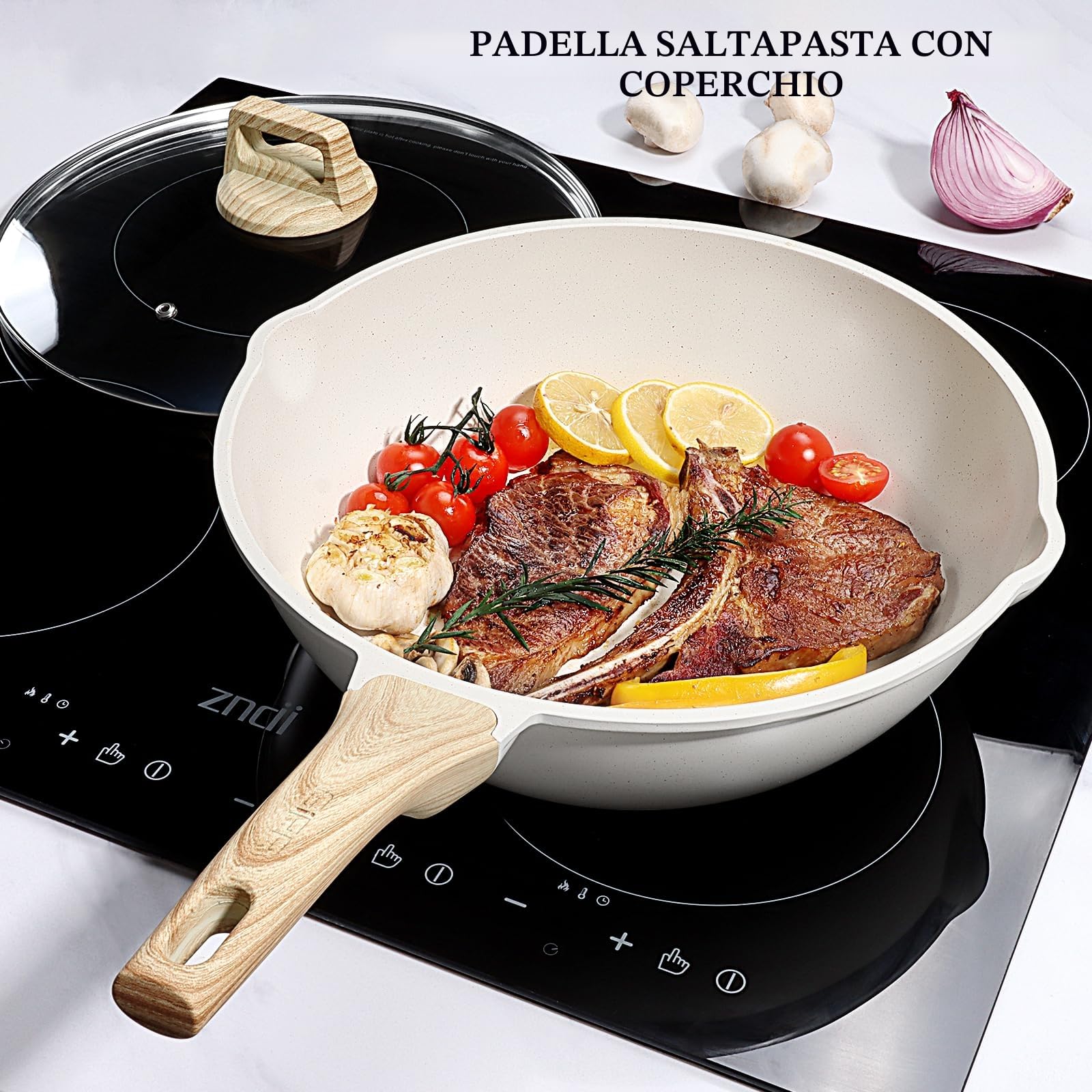 GiPP Padella Antiaderente Padella In Granito Da 4,3 L Con Coperchio, Beccuccio E Manico Raffreddato, Padell Antiaderente Non Tossica, Pentola Per Induzione, Senza Pfoa (Bianco, 28cm)
