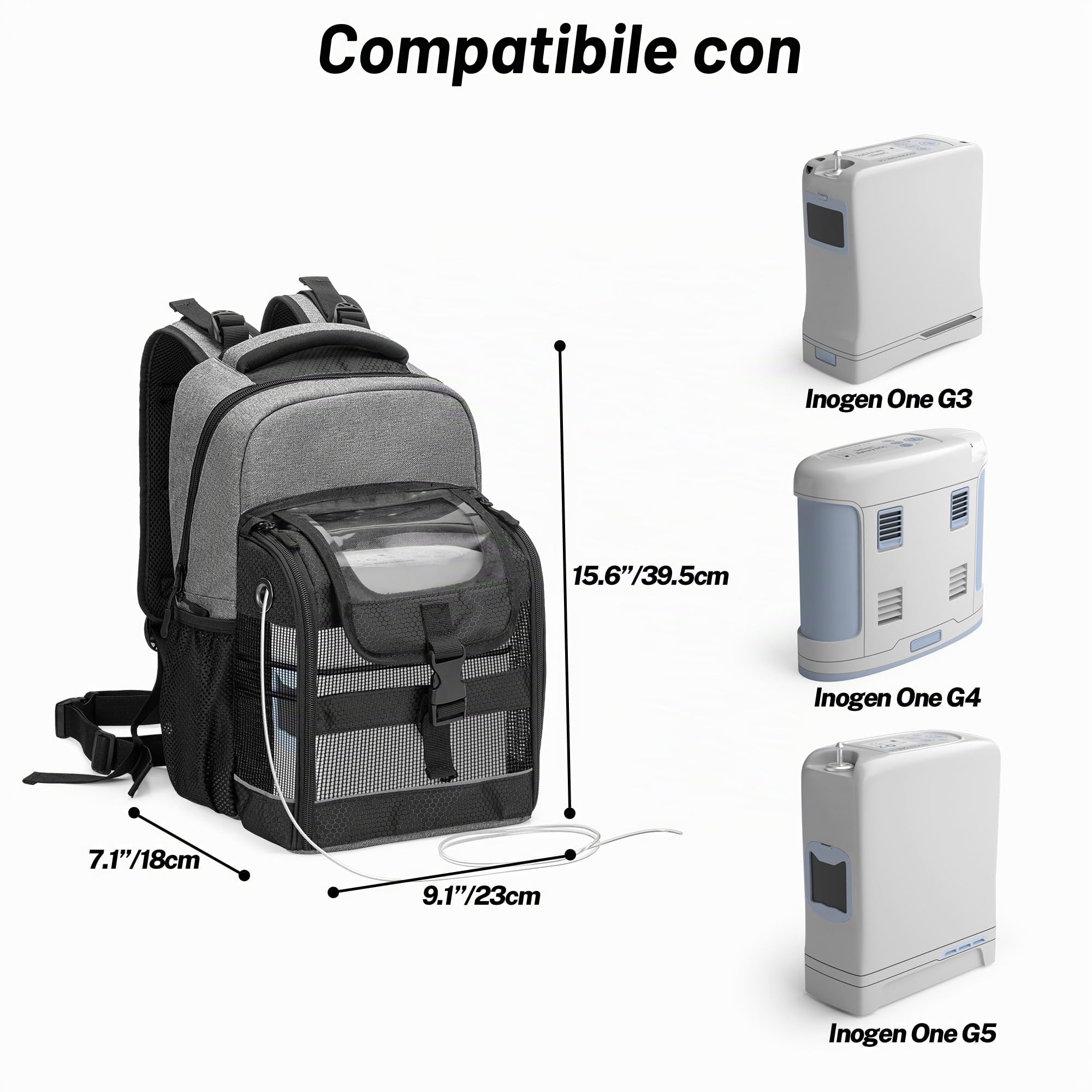 Trunab Borsa da Viaggio per Concentratori di Ossigeno Portatili, Borsa POC con Coperchio Trasparente e Tasche Multiple Compatibile con Inogen One, Cairo Freestyle Comfort, Oxygo, SimplyGo Mini, Grigio