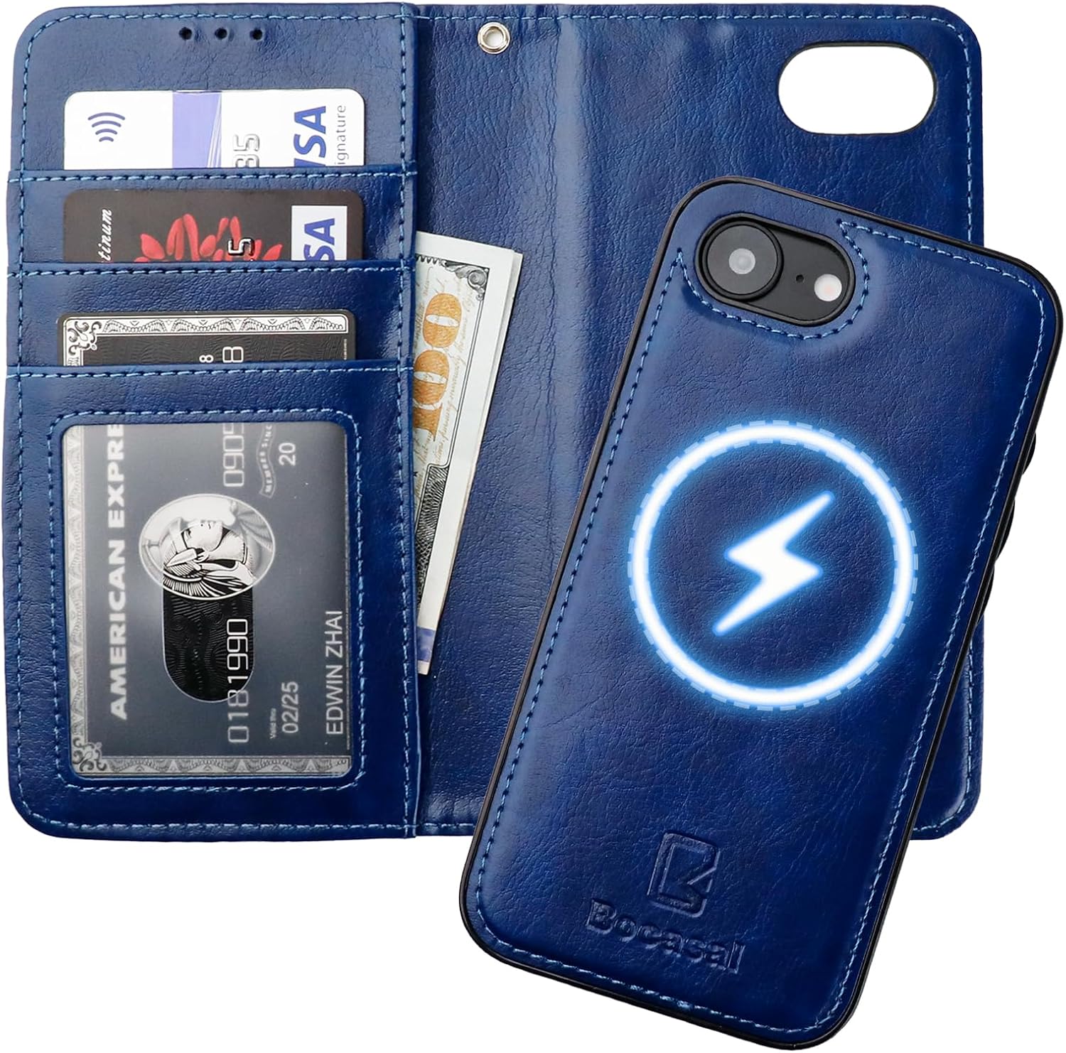 Bocasal for iPhone 17e/16e Wallet Case Compatible with MagSafe Wireless Charging, RFID Blocking Magnetic Leather Case with Card Slots Holder Kickstand Detachable Wrist Strap 6.1 Inch (Blue)