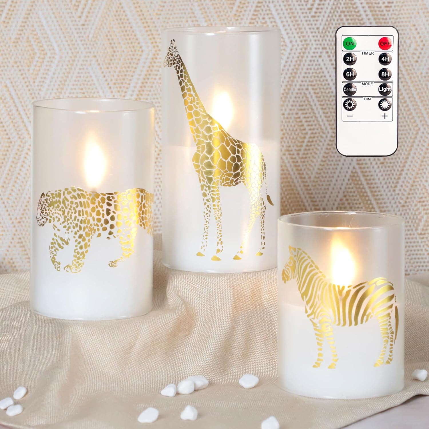 Crystal Club Glass Flameless Candles, Battery Operated LED Candles with Remote & Timer, Tiger Zebra Giraffe Decor Flickering Pillar Candles for Home Party Decor