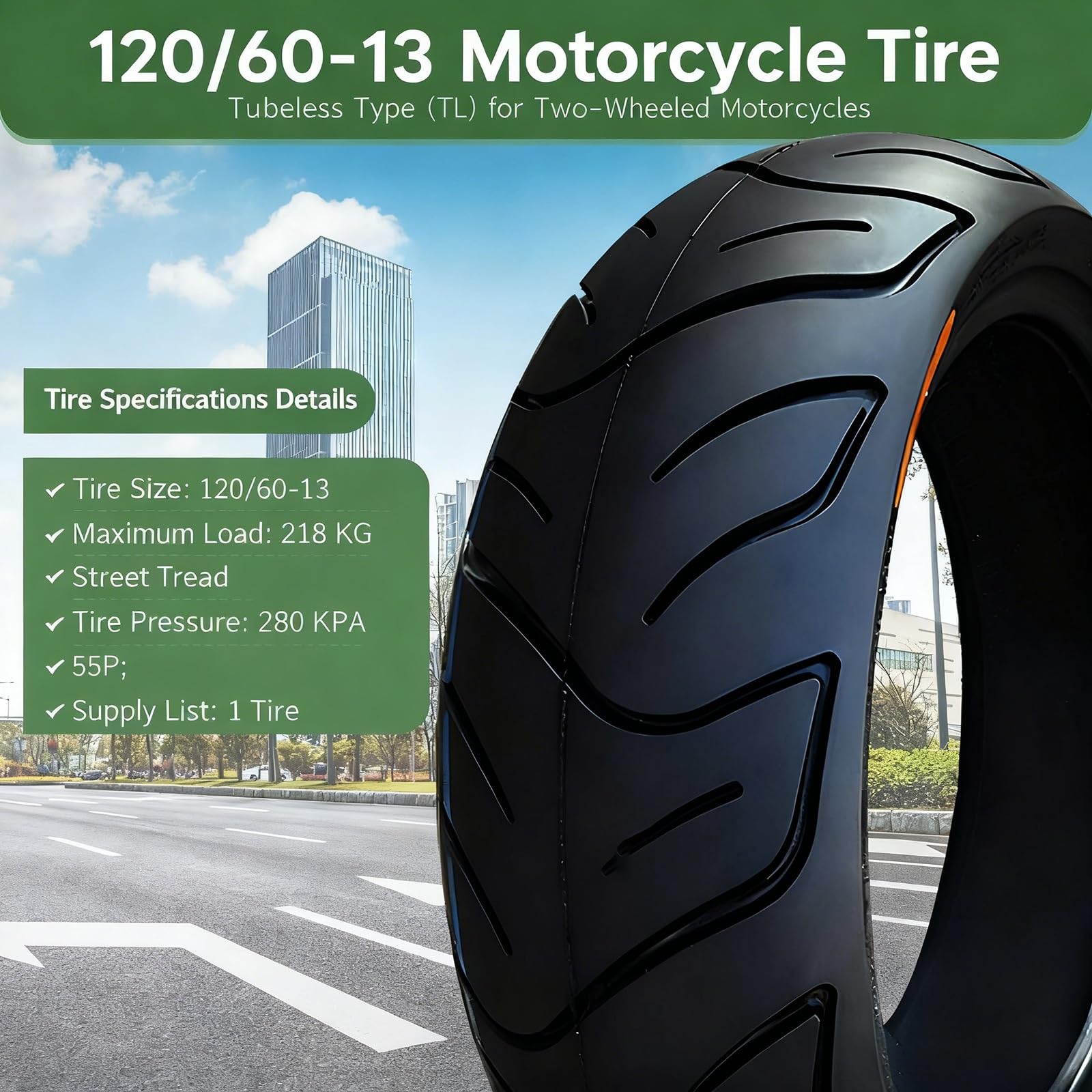 120/60-13 Opona Motocyklowa bez Wewnętrznej Rury | Do Przedniego i Tylnego Koła | Odporna na Zużycie i z Dobrej Przyczepności na Mokrym Asfalcie | Niska Oporność Toczenia dla Codziennego Użytku