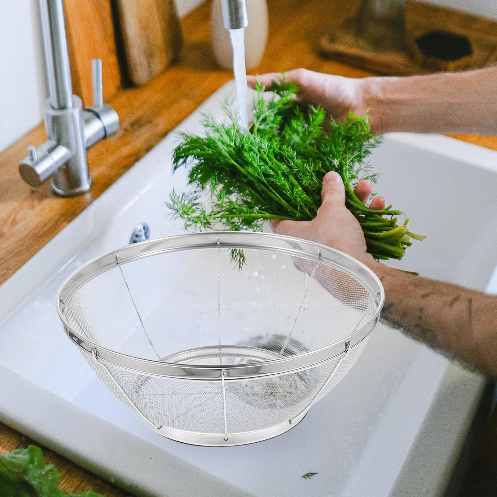 Juego de 5 Coladores Grandes de Malla Fina de Acero Inoxidable Resistentes para Lavar Frutas y Arroz en Cocina Forma Redonda y Filtro Fino