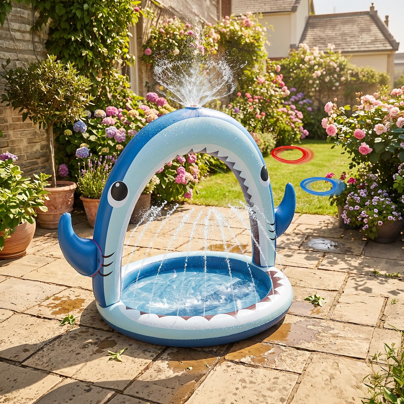 Gleamkid Sprinkler für Kinder, 4-in-1 aufblasbares Hai-Wasserspielzeug für Jungen und Mädchen, Sommer Outdoor-Spiel mit 4-Ring-Wurf, Garten-Wassersprinkler-Sprühspielzeug, tolles Geschenk für Kinder