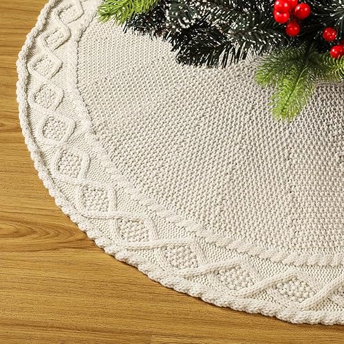 Miniatura 38 de Sattiyrch Faldón de punto para árbol de Navidad, decoración rústica gruesa para árbol de Navidad (crema, 36 pulgadas)