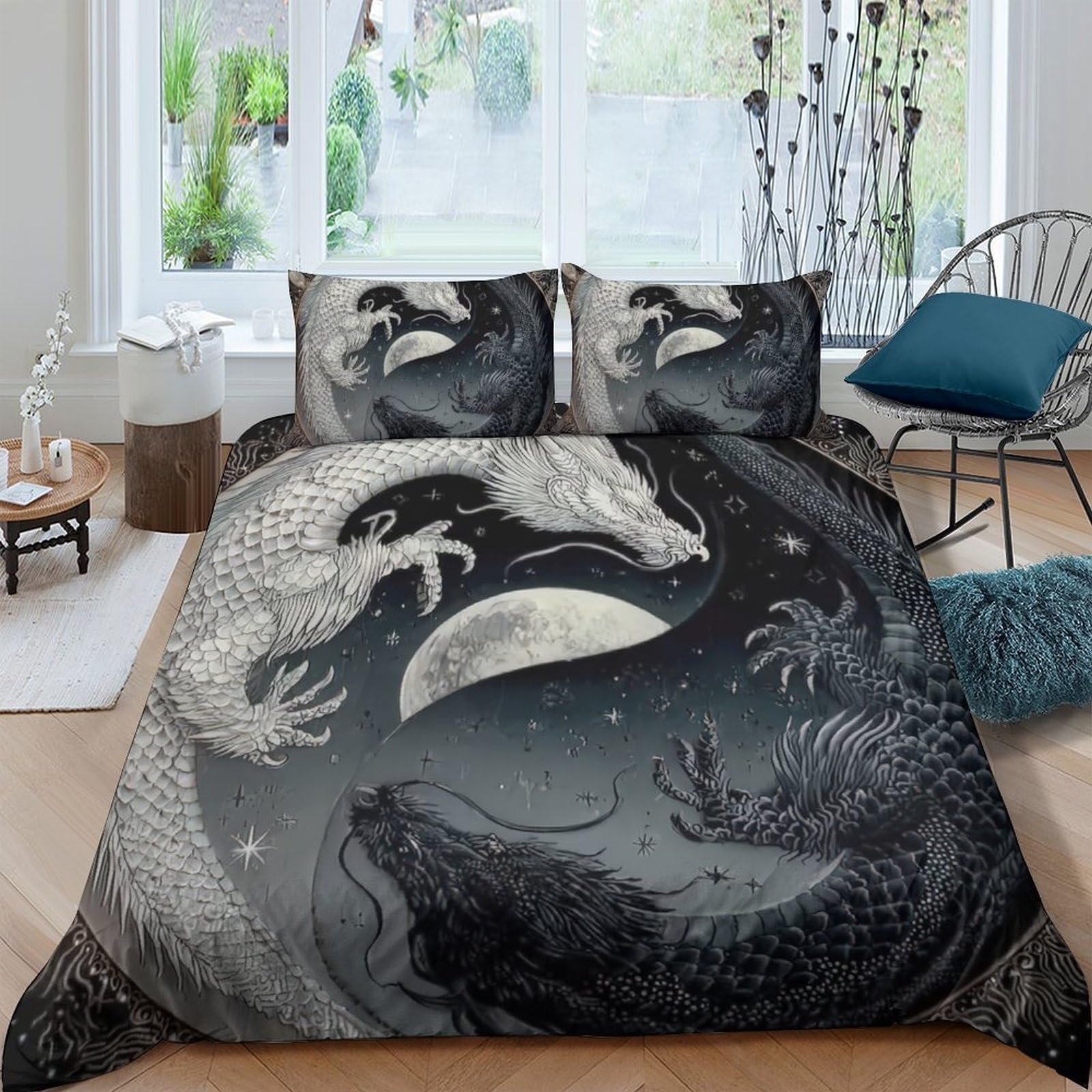 Ctjqhvkz Style-3 3D Printed Yin Yang Dragon Fitted Sheet Microfiber Black White Moon Bed Cover For Bedroom Dorm Mattress Decor Single（135X200cm）