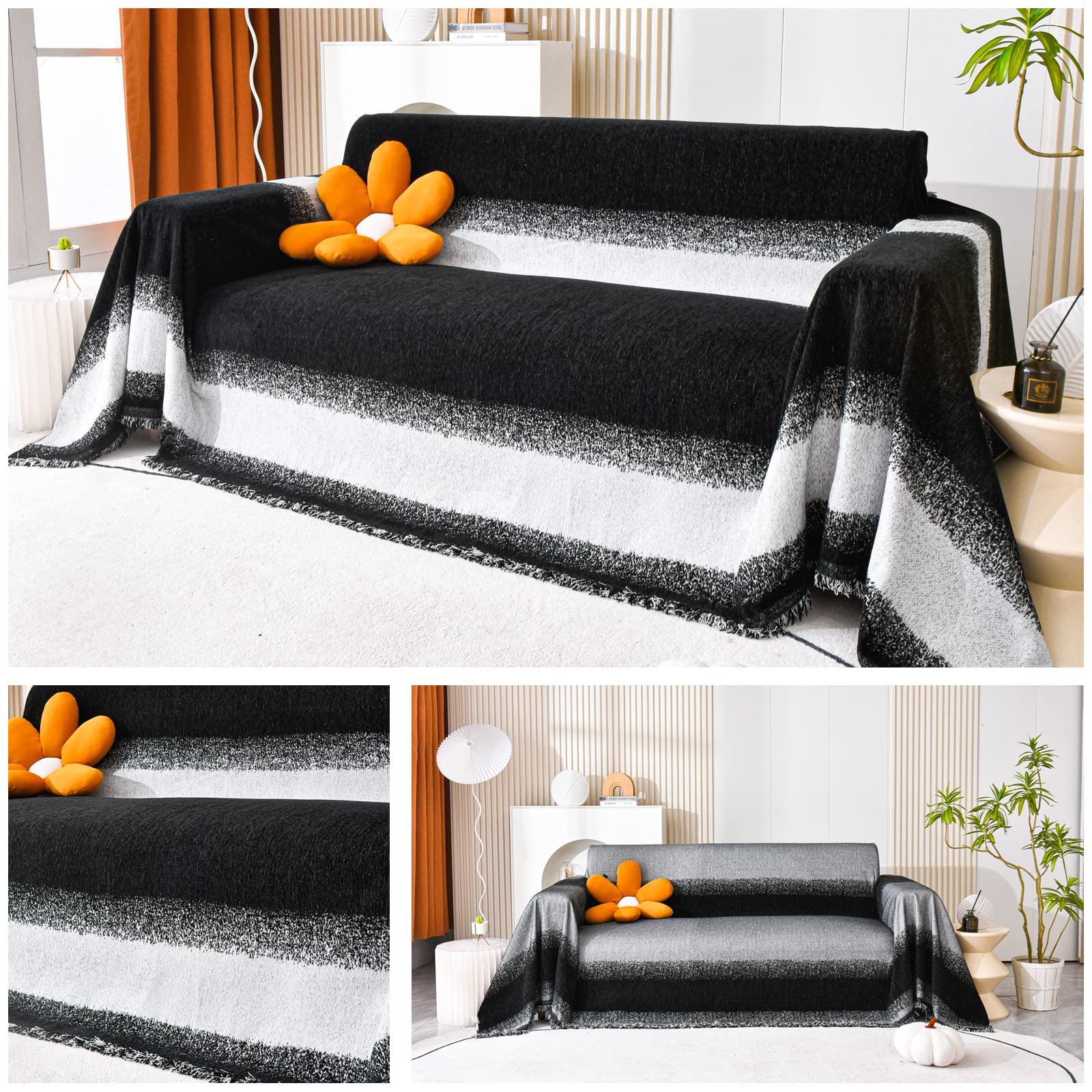 Coperta per divano in ciniglia con nappe decorative, grande copridivano a 3 posti, lavabile e traspirante, 180 x 130 cm