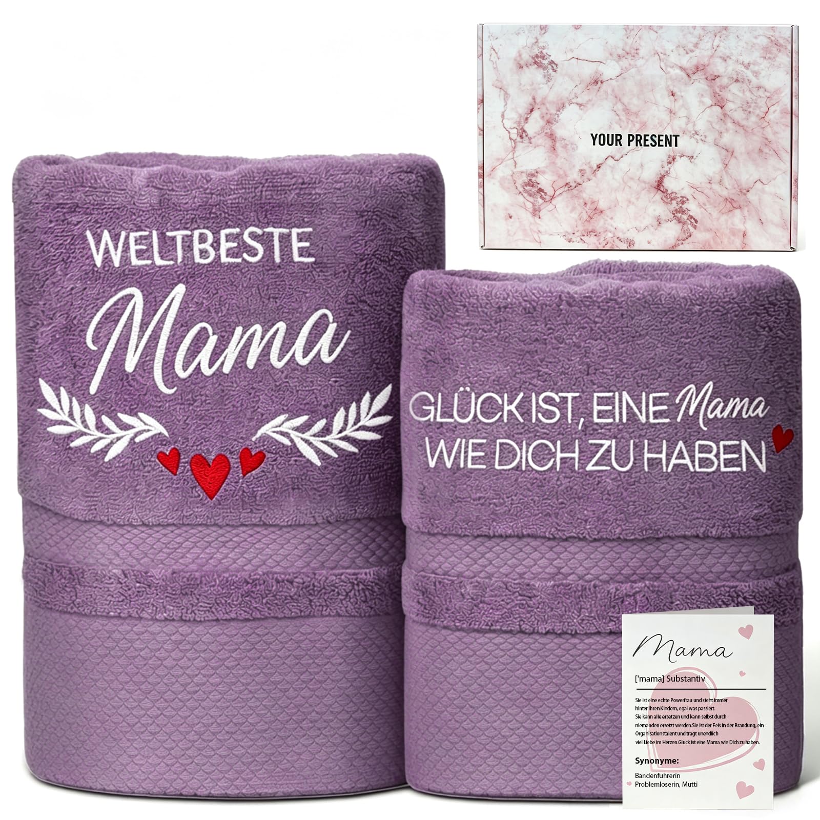 YSUVIN Mama Geschenk, 2-teiliges Set 100% Baumwolle Lila, Bestickte Handtücher, Mama Geburtstag Werdende Mutter Frau - 1