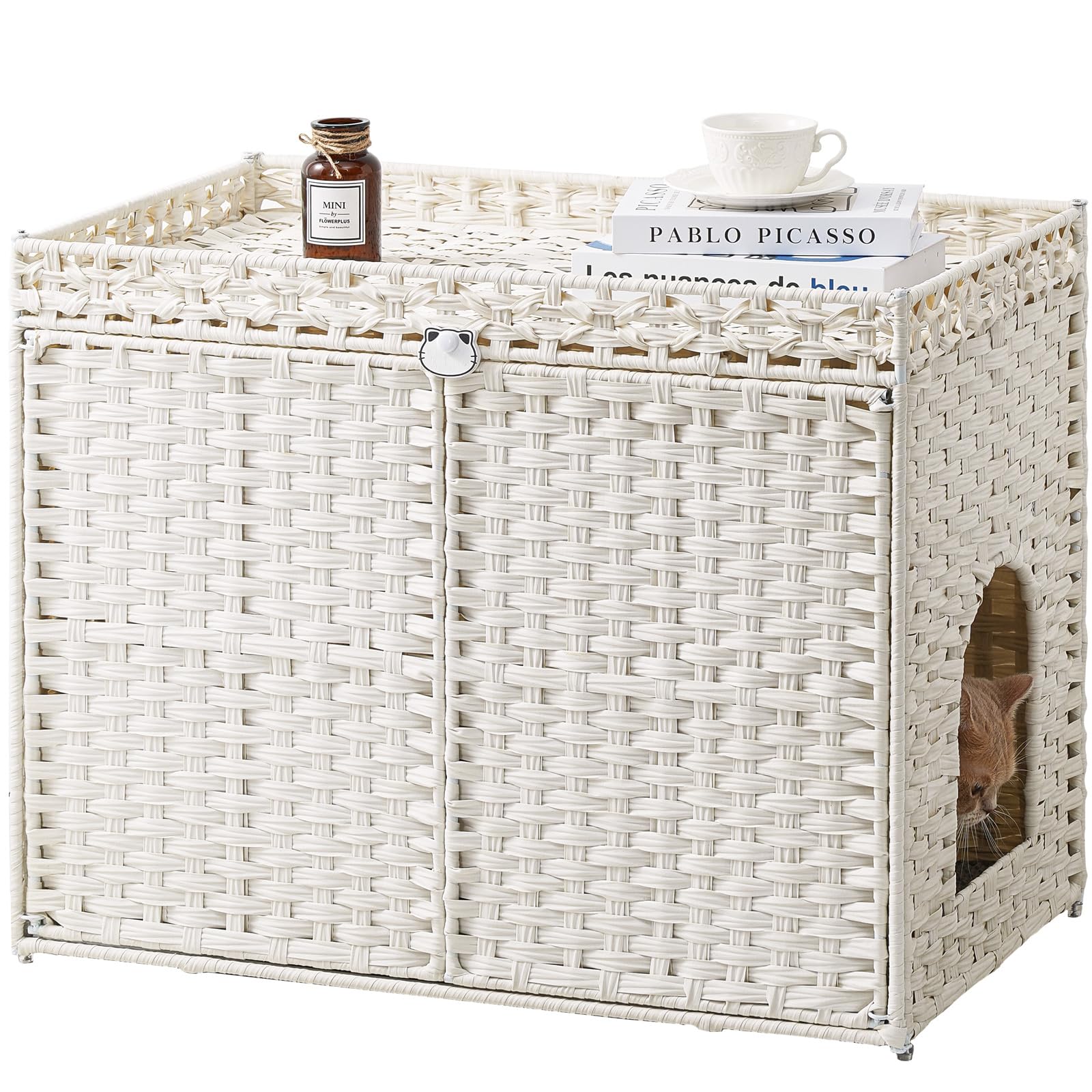 Cat Litter Box Enclosure Furniture, Handwoven Rattan Hidden Litter Box with Mat, Large Space Cat House with 2 S-Shaped Hooks 30.3 x 18.3 x 24.4 Inches, Indoor for Living Room Apartment White