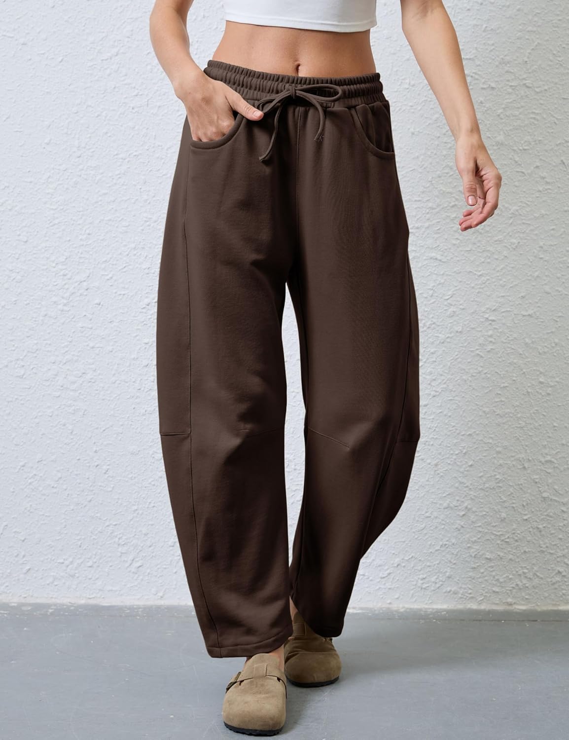 SeekMe Women's Barrel Leg Sweatpant Drawstring Elastic Waisted Wide Leg Pants Casual Cotton Palazzo Trousers with Pockets