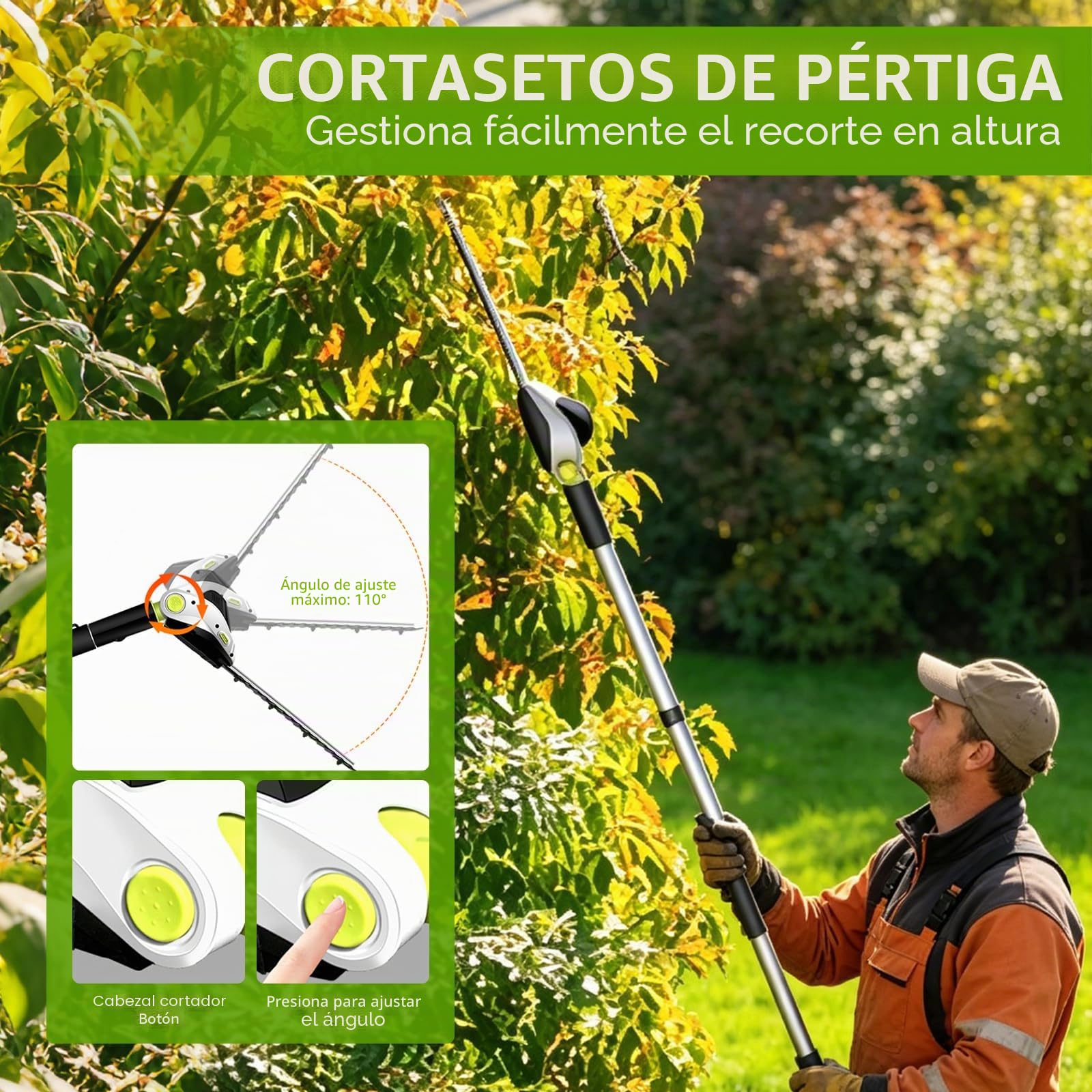 Tijera Cortacésped y Arreglasetos 2 en 1, Cortasetos Eléctrico con 2 Batería y Cargador, Tijeras para Césped con Mango Telescópico para Podar Césped, Arbustos y Setos