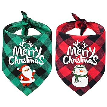 Yoochee 2 Pack Christmas Dog Bandana Buffalo Plaid - Merry Christmas Santa and Snowman Prints - Reversible Double-Layer Triangle Scarf - Classic Pet Dog Cat Apparel Accessories Supplies (Black Plaid)