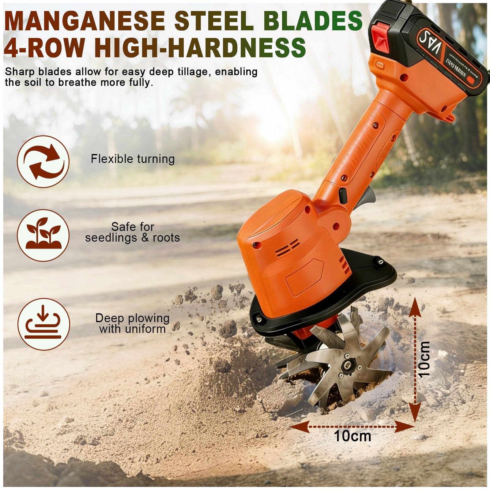 Motoazada eléctrica de jardín sin cables, motocultor de 24 V, dientes de acero de 4 filas, profundidad de 10 cm, barra extensible de 1,3 m, para la preparación del terreno y la jardinería