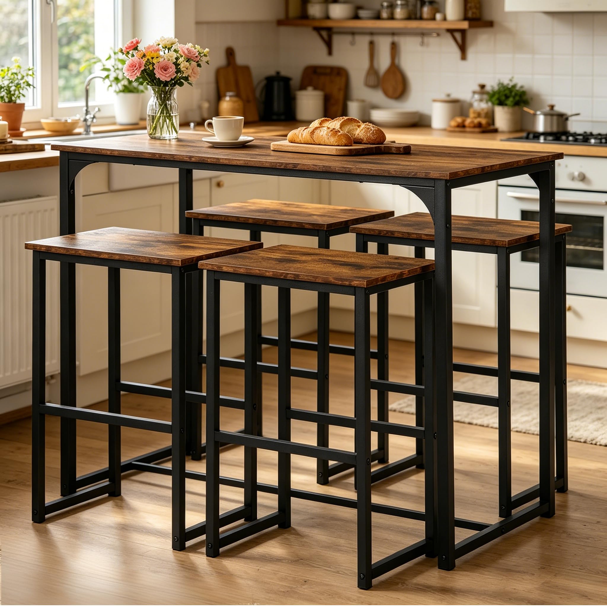 Tavolo da Pranzo con 4 Sedie, Tavolo e Sedie da Esterno Set 5 Pezzi Mobili Industriale Tavolo 100 x 50 x 90 cm, Sedie Cucina 40 x 30 x 65 cm, per Cucina, Nero Opaco + Venatura Legno Retrò