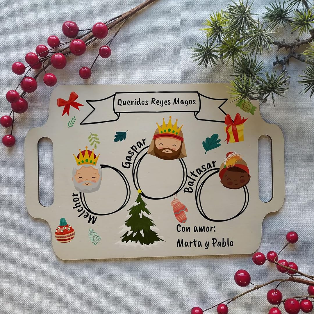EVYRE | Bandeja de Madera Personalizada | Medida Perfecta 300x200x3 mm | Bandejas Decorativas de Navidad con Nombre | Adornos Mesa Navidad | Regalo Personalizado Navidad | Bandeja Madera Reyes Magos