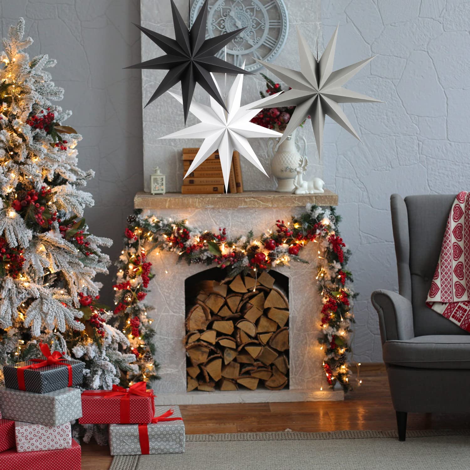 Décoration Bohème Rustique SUNBEAUTY Déco Étoiles En Bois à Suspendre - Lot De 5 Étoiles 3D Bohème Pour Noël, Mariage, Anniversaire Mariage Anniversaire Déco