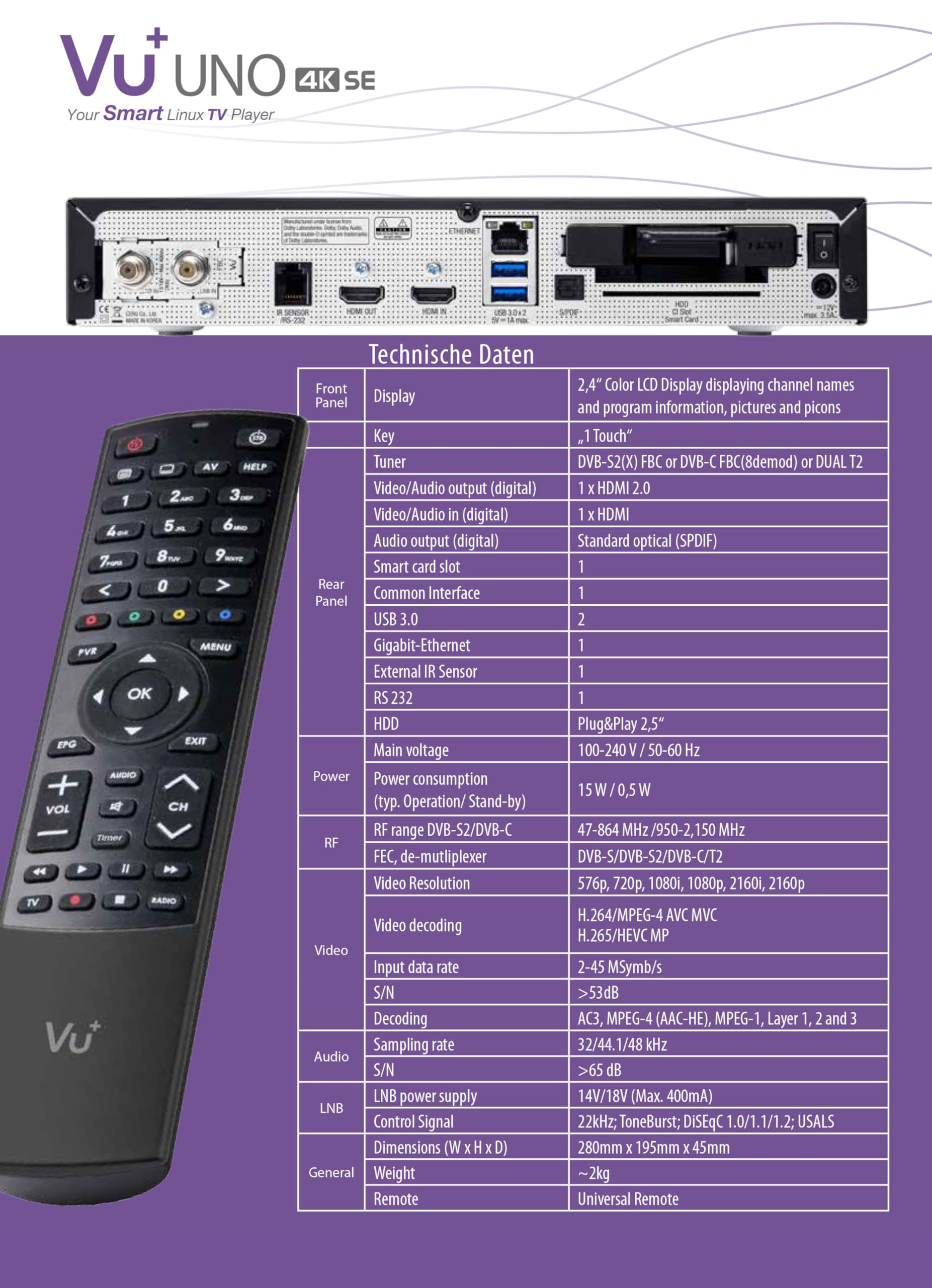 Vu+ UNO 4K SE 1x DVB-C FBC Receiver Twin Tuner PVR Ready Linux Kabelreceiver UHD 2160P TV Receiver Kabel-Fernsehen mit WLAN-Stick 150 Mbits