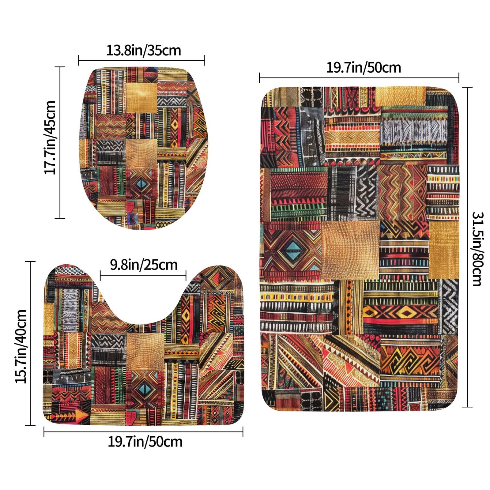 Tapis de bain 3 pièces en flanelle imprimé patchwork africain tapis de bain + tapis contour + housse de siège de toilette, tapis de bain absorbant antidérapant