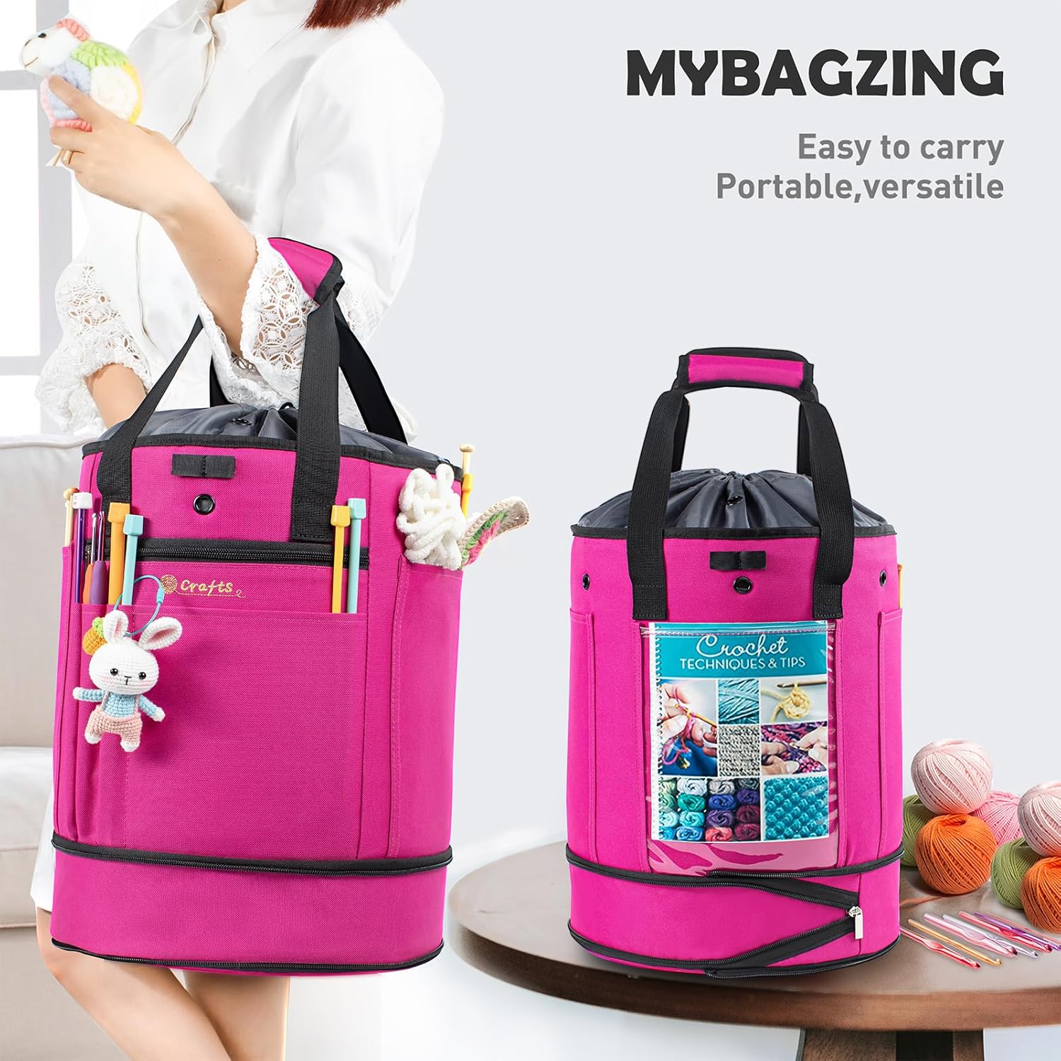 MYBAGZING Expandable Yarn Storage Organizer, Crochet Bag & Yarn Tote with Zipper Closure, Yarn Holder for Crocheting and Knitting for Yarn Skeins, Hooks, Needles,Accessories – Gift for Crafters