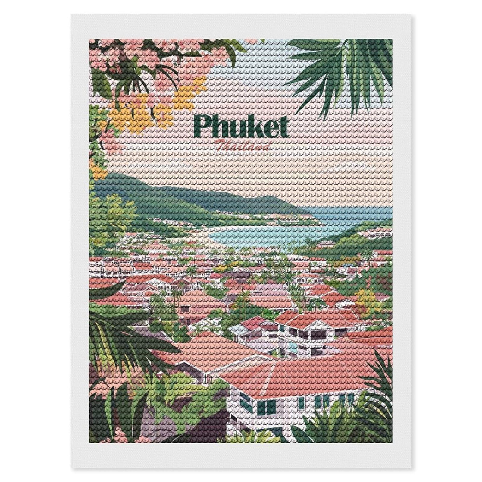 Junmoney Phuket Thailand Landscape Diamond Art Kit 12"x16", for Beginners, Vintage Style Decor, Good for Quiet Evenings, Festive Craft Gift