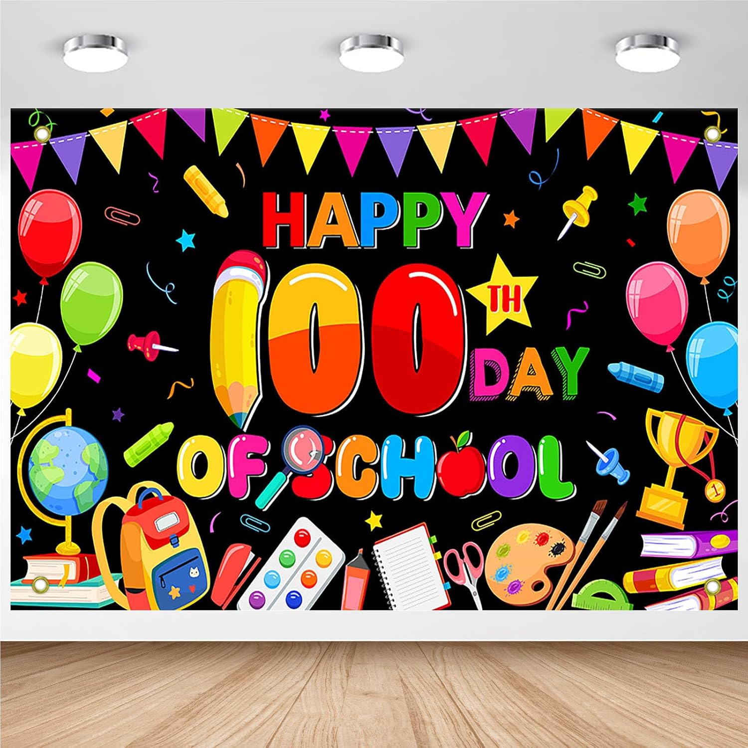 Avezano 100th Day of School Banner Colorful Happy 100th Day of School Backdrop Decorations for Kids School Classroom Party Supplies (White, 7x5ft)