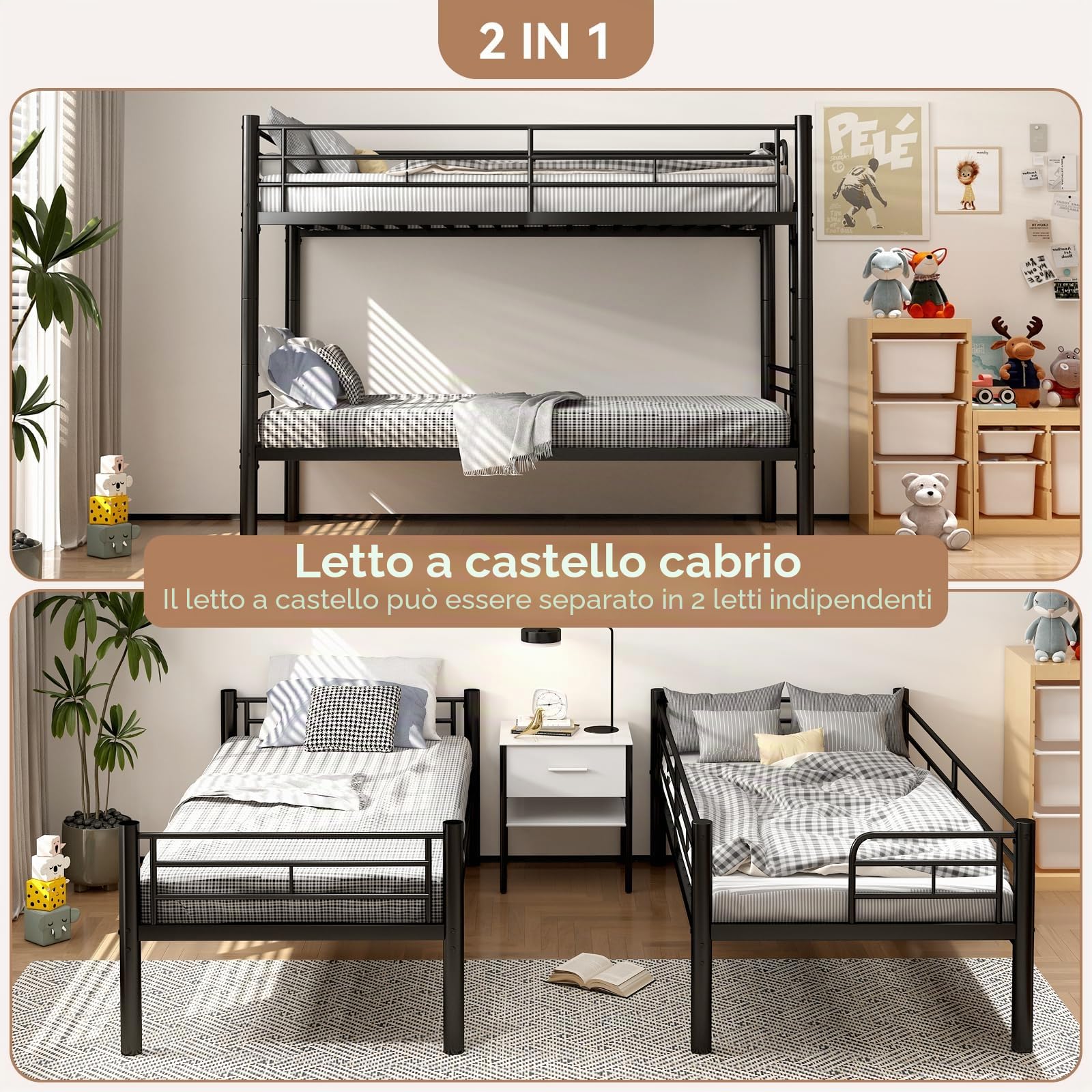 Letto a Castello per Adulti 90 X 200cm, Letto a Castello per Bambini con Scaletta & Ringhiera di Sicurezza, Trasformabile in Due Letti Singoli, Letti a Soppalco Metallo con Rete a Doghe (Nero)