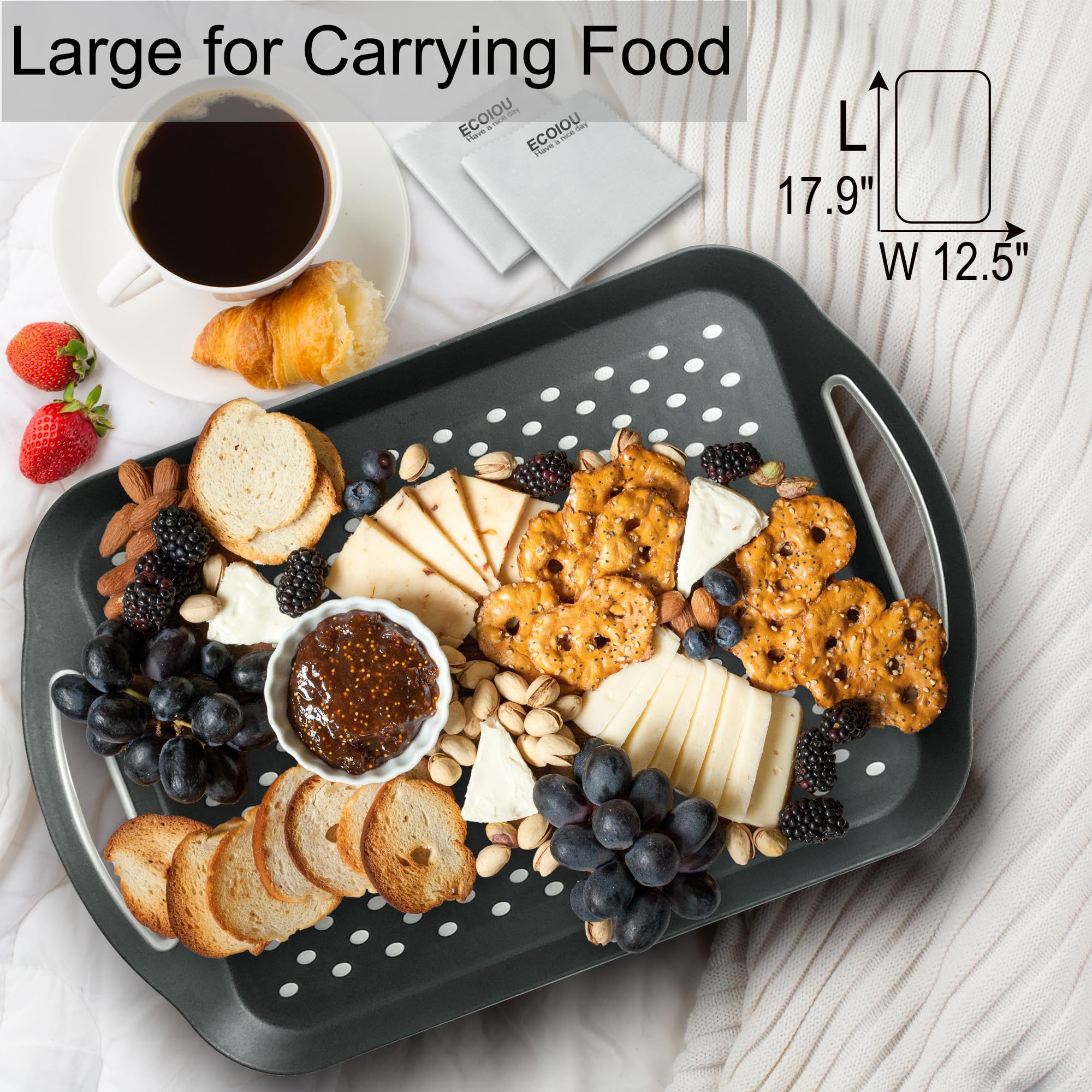 ECOIOU Bandeja antideslizante más grande para servir alimentos con asas, 17.9 x 12 pulgadas, color negro