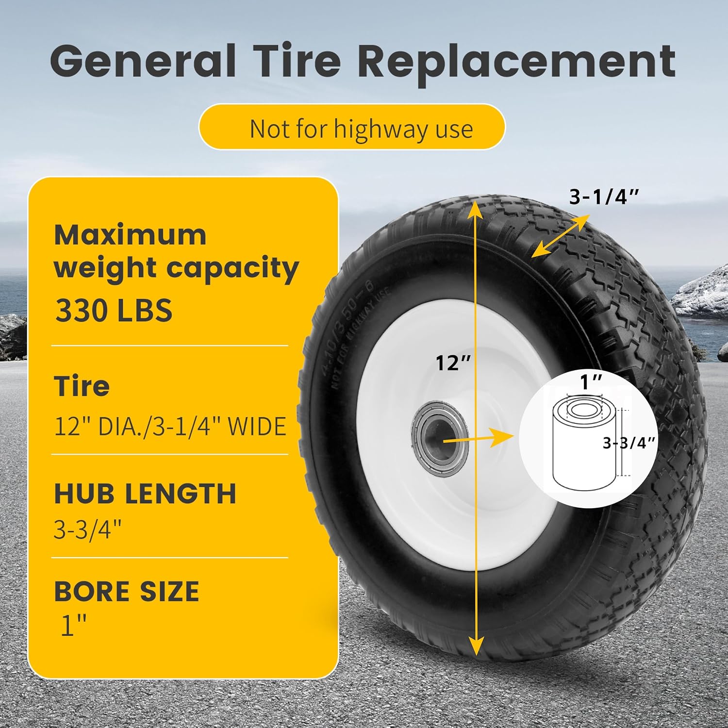 MaxxHaul 12" Flat Free Solid Tire 4.10/3.50-6" Wheel with 1" Bore with 5/8" Adapter - Double Sealed Bearings 3.75" Center Hub - Trailer Dolly / Wheelbarrow Replacement - 330 lb Capacity 1-Pack (50502)