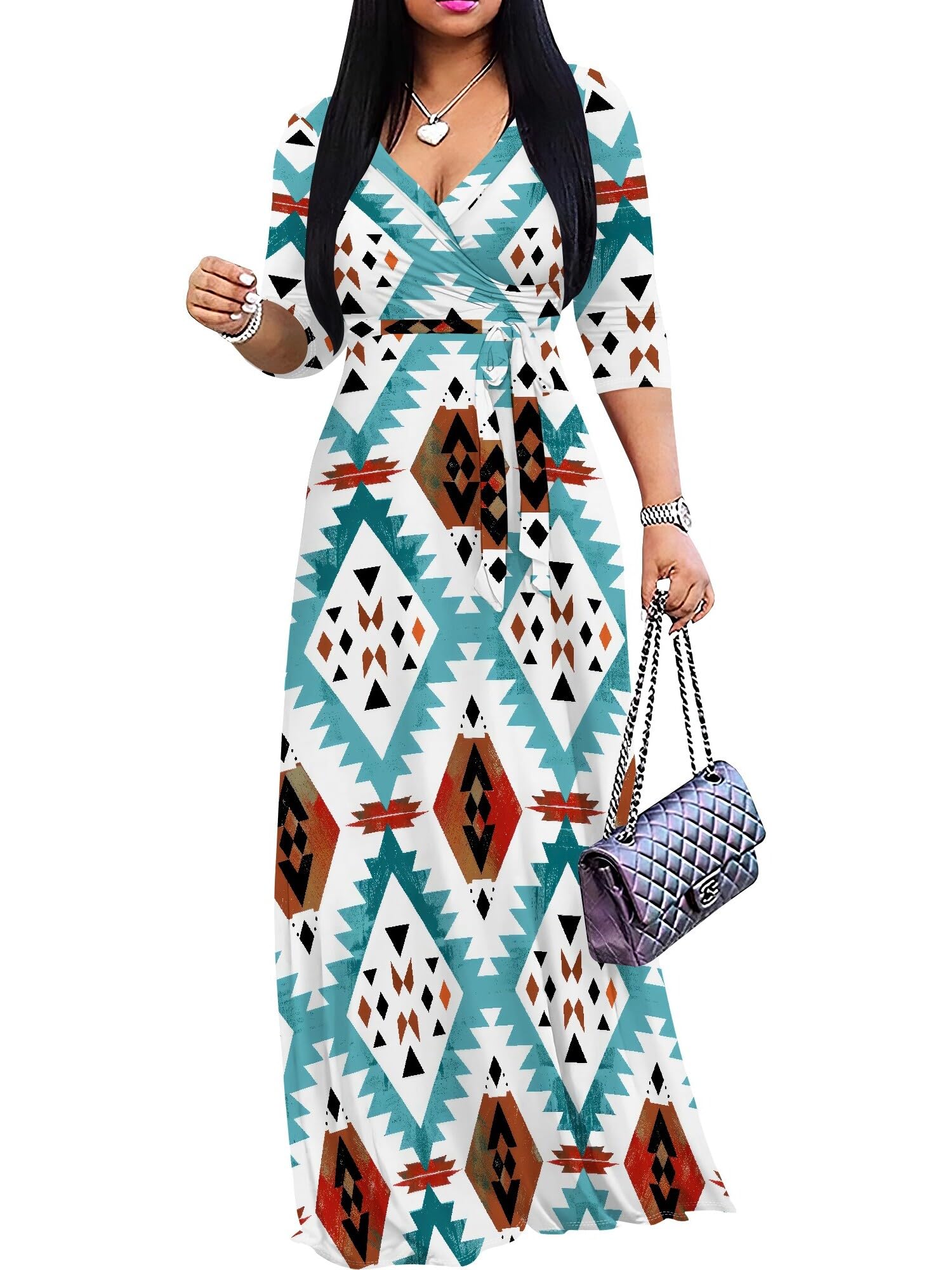 PinkPatty Plus Size Maxi Dress for Women Casual V Neck 3/4 Sleeve Boho Printed Long Dress with Pockets