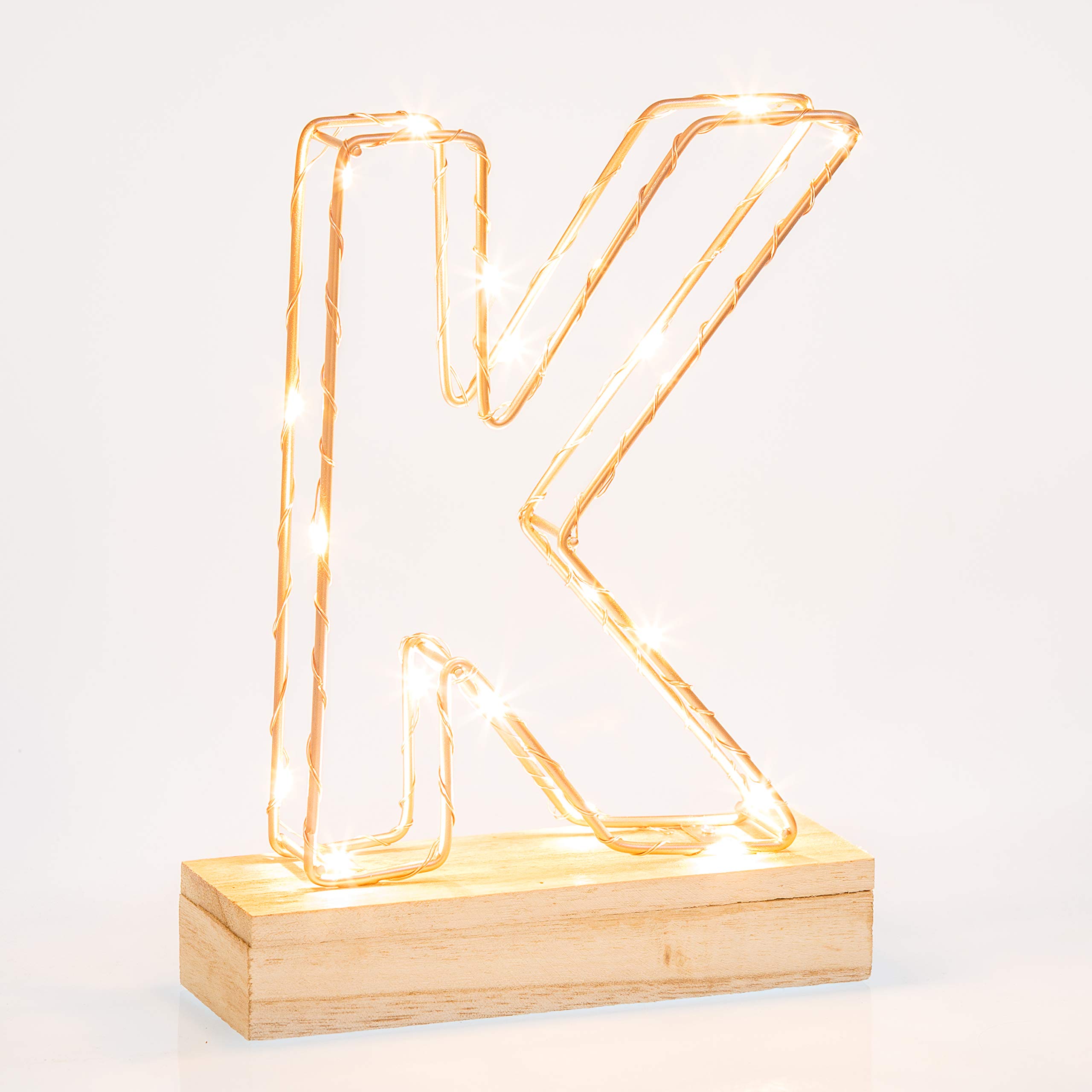 Light Up Letter Light - K - Copper/Gold Metal Wire Frame with LED - 22cm High - Freestanding - Battery Powered