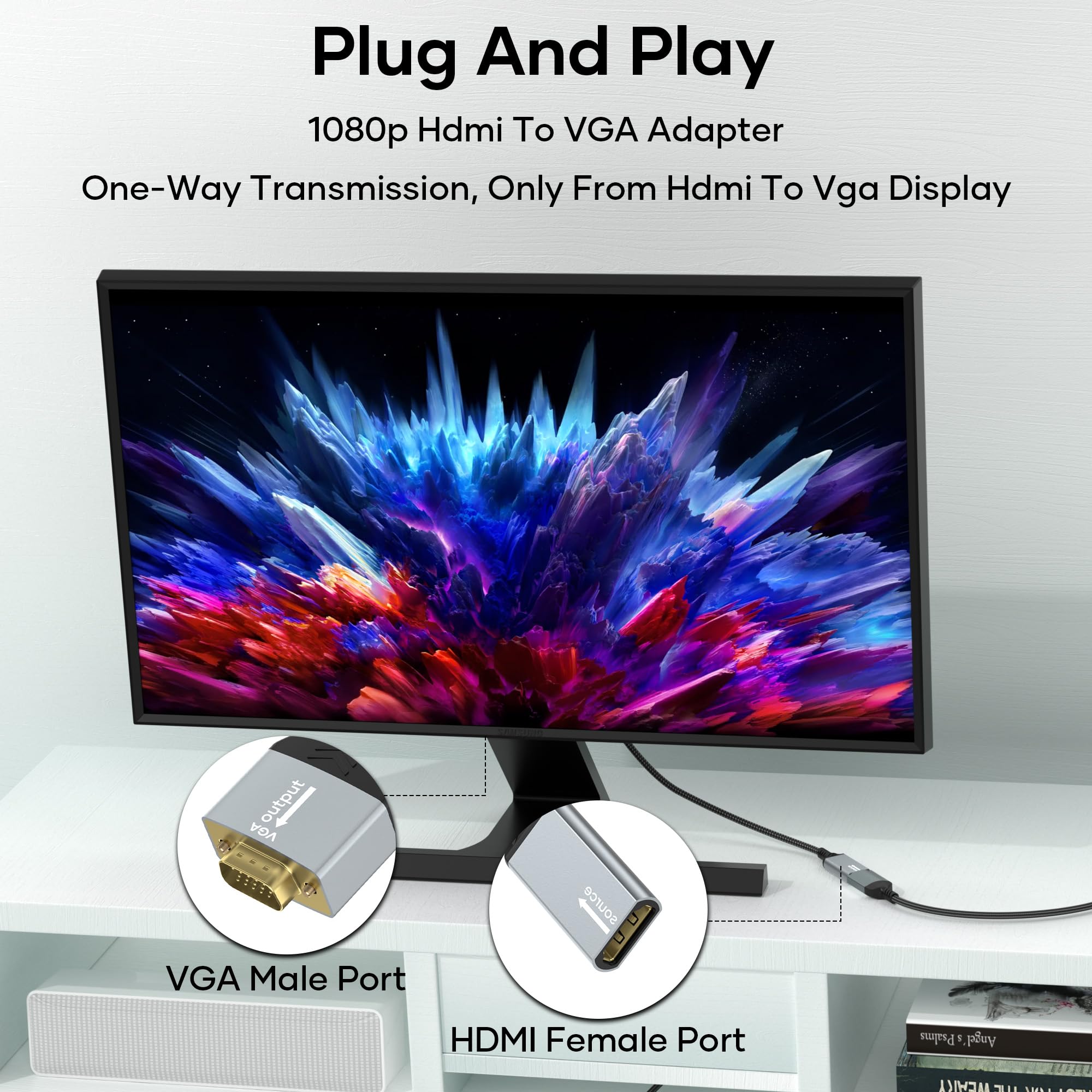 unidirektional HDMI-zu-VGA-Adapter,HDMI-Buchse-zu-VGA-Stecker-Adapter,nylonummanteltes Kabel,1080p-HDMI-zu-VGA-Monitor-/TV-Adapter,geeignet für PCs,Laptops,TV-Sticks,HDTVs,DVD,Projektoren und Monitore