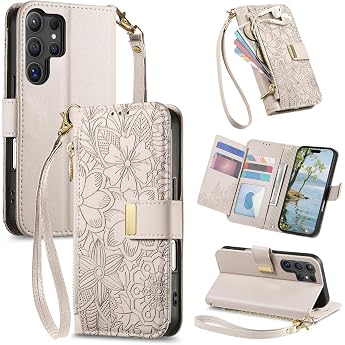 Mobile Phone Case for Samsung Galaxy S25 Ultra Case Foldable Leather Flip Case with Zip Card Slots Stand Band Flowers Embossing Protective Case Womens Wallet Flip Case - Grey