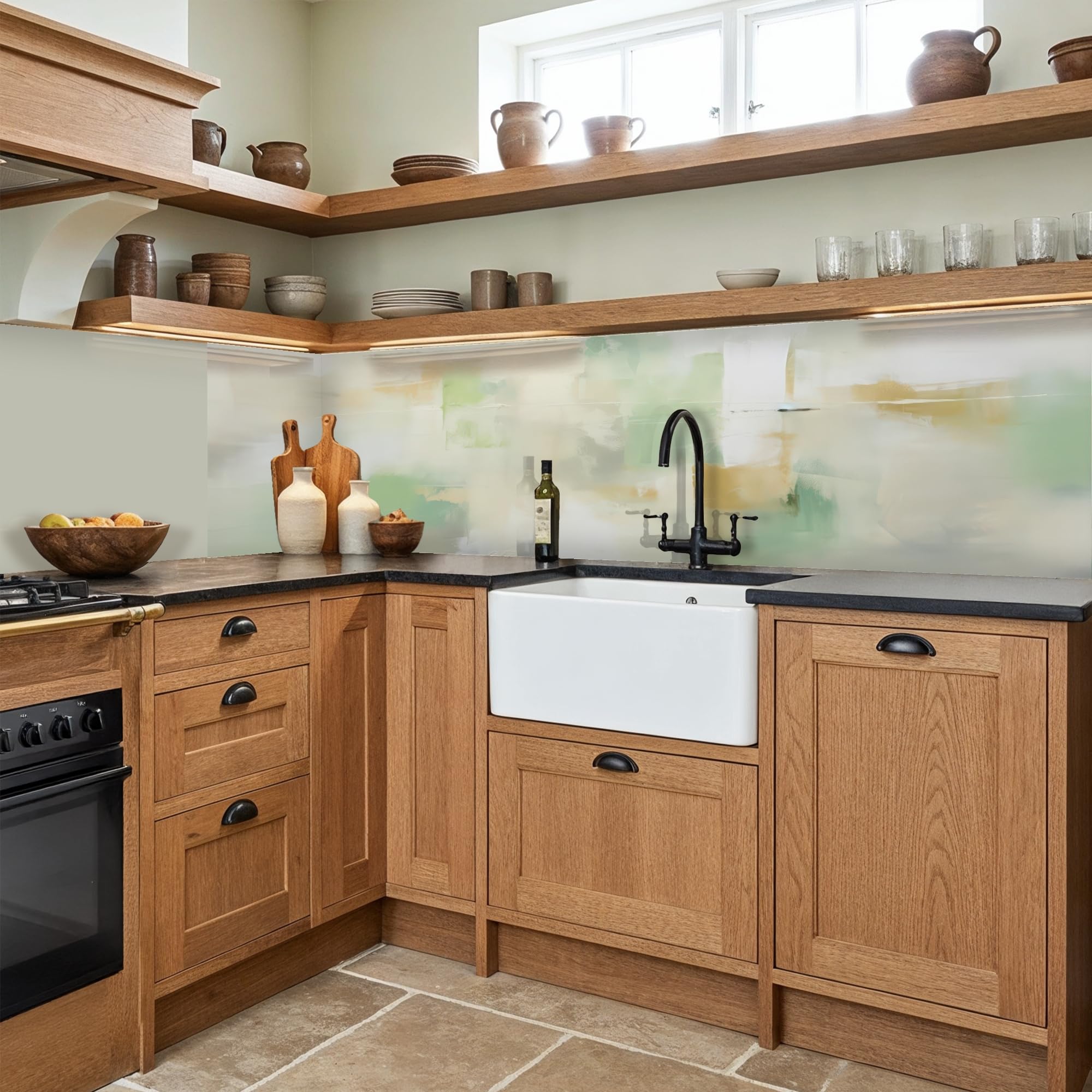 KitchenYeah© Antisalpicaduras Cocina 80x300 cm Adhesivo Salpicadero Protector Salpicaduras Kitchen Abstracto - Arte - Blanco - Verde - Moderno