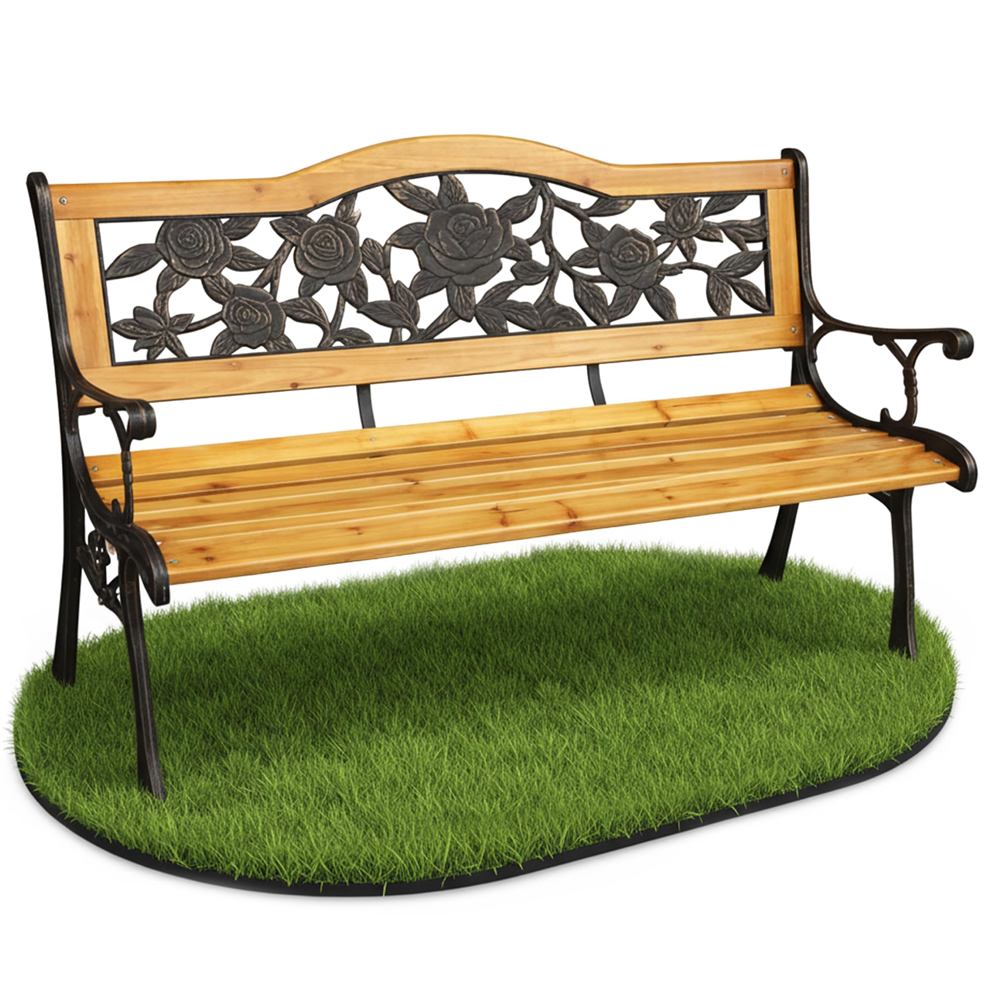 AKORD Gartenbank ROSA | Bank Garten mit Lackiertem Holz und Gusseisernen Beinen | Sitzbank Draußen Wetterfest | Outdoor Holzbank | Gartenbänke mit Armlehne | Parkbank | Breite 118 cm | Braun