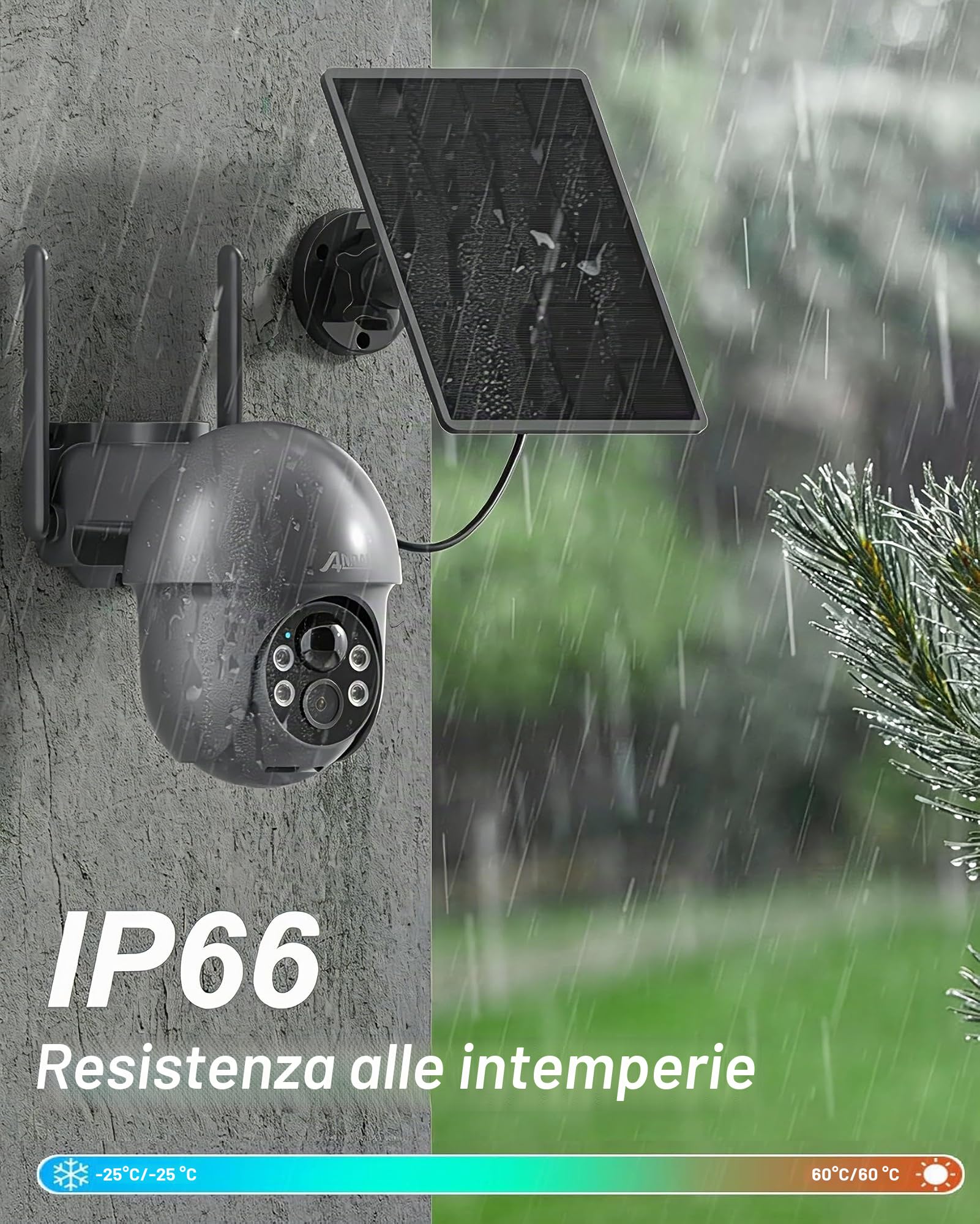 ANRAN 2K Telecamera Wi-Fi Esterno Senza Fili con Pannello Solare | 360° PTZ Videocamera Sorveglianza con Batteria, Rilevamento PIR, Visione Notturna a Colori, Audio Bidirezionale, Alexa