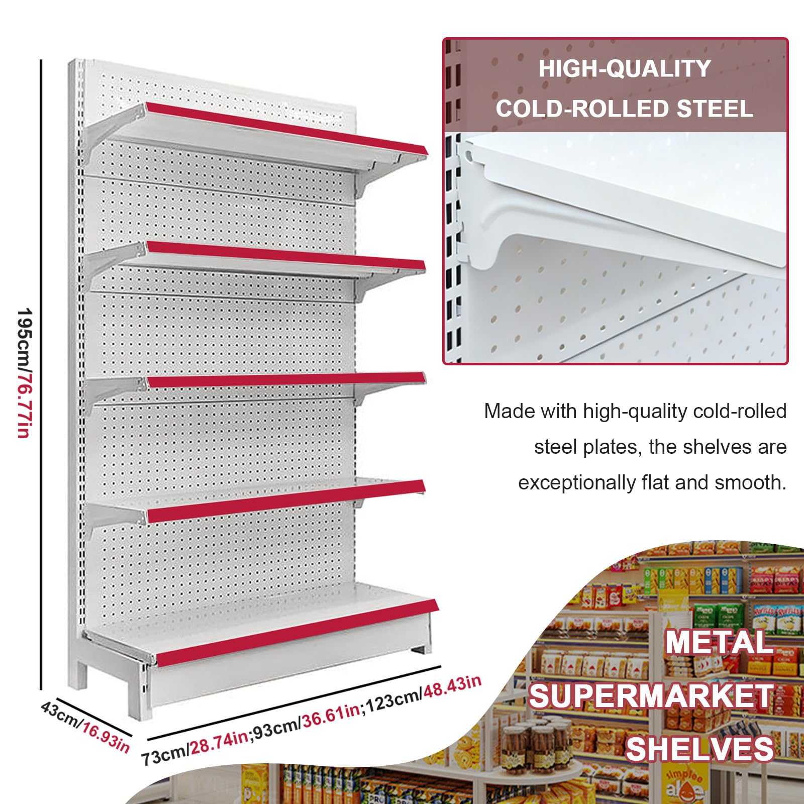 Scaffalatura da Parete per Negozi Gondola con 5 Ripiani su Un Lato, per Negozi di Alimentari, supermercati, scaffali per supermercati Resistenti per esposizioni durevoli 123×43×195cm