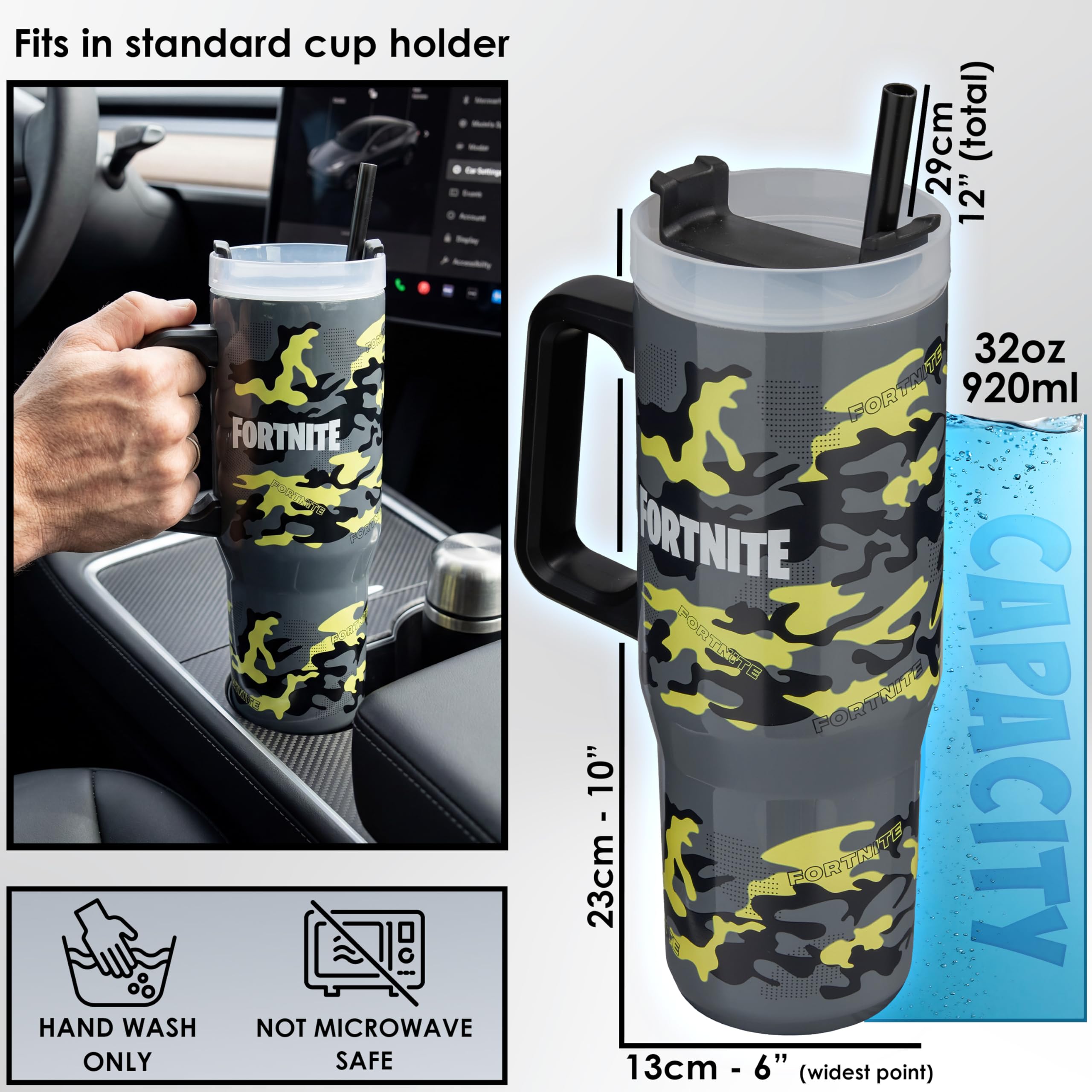 Get Trend Fortnite Kubek termiczny 920 ml, butelka ze stali nierdzewnej, kubek ze słomką i uchwytem, utrzymuje lód 42H Zimny 12H Ciepło 8H, Kubek podróżny bez kapania BPA za darmo, oryginalny prezent