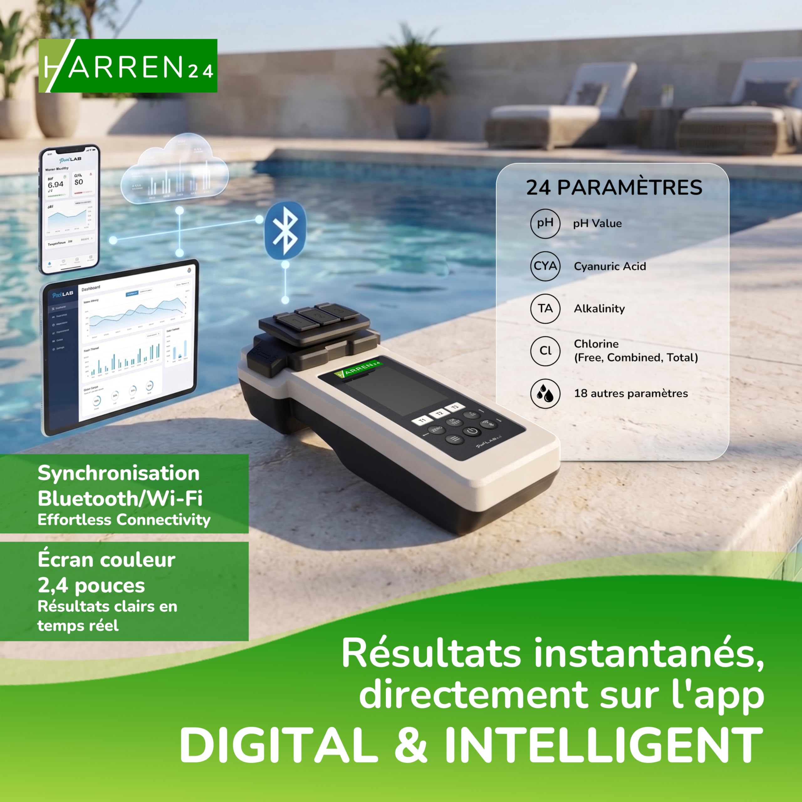 Poollab 2.0 Special Edition - Testeur électronique de piscine (photomètre) - 170 comprimés rouges de phénol pour test de la valeur du pH et du chlore - Accessoires de piscine (avec DPD1,