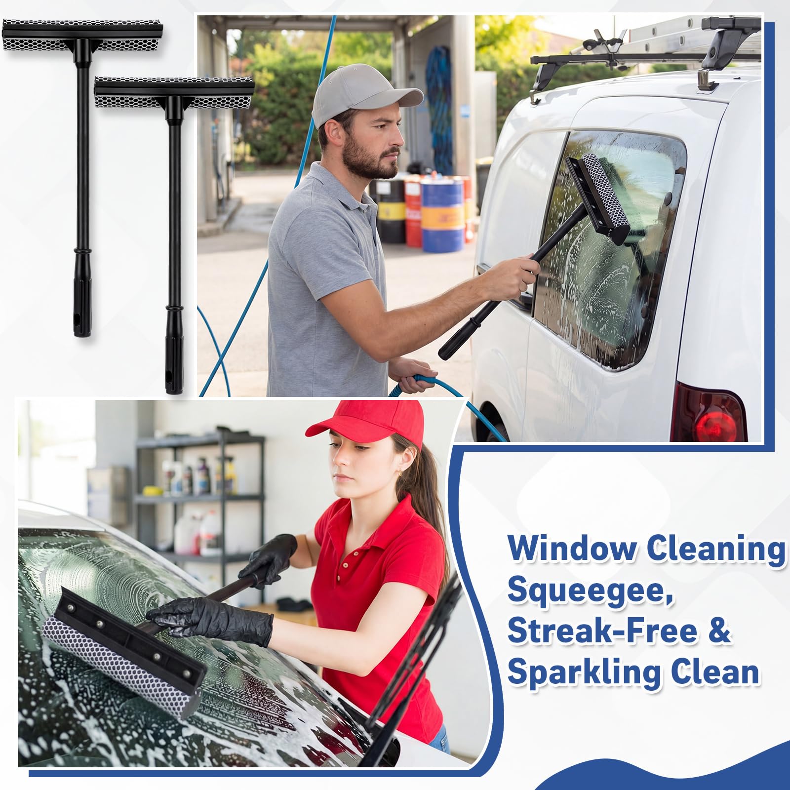 Zhengmy 2 escobillas de ventana de 15.8 pulgadas con mango largo para coche, herramienta de limpieza de ventanas de automóvil 2 en 1, esponja para gasolinera, hogar, automóvil, vidrio, ducha, limpieza