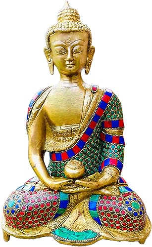 QT S Buddha - Estatua de latón con acabado de piedra (NO-25) de alto, 11 pulgadas de alto, ídolo antiguo de Buda tibetano Dhyana Mudra para