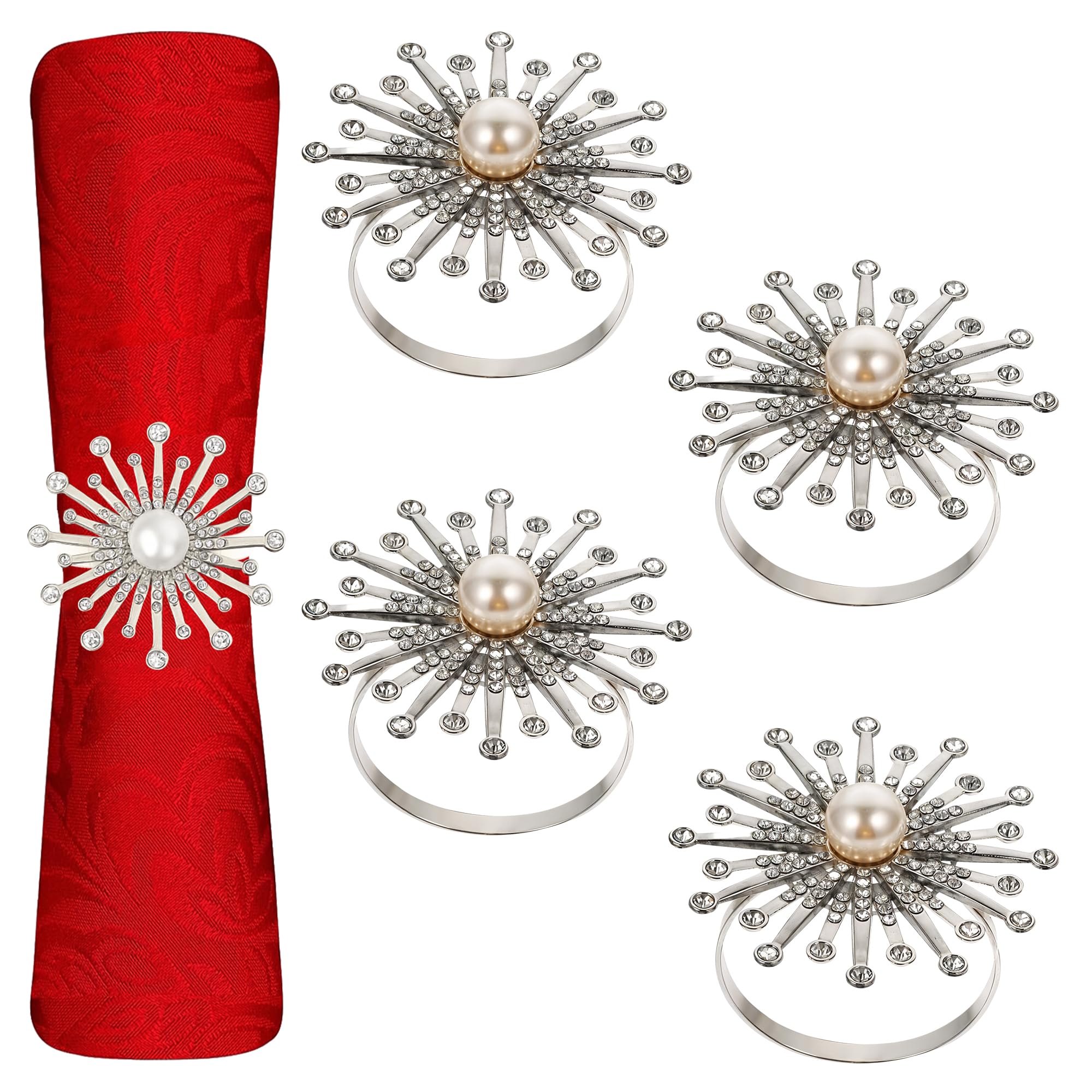 Trimming Shop Silver Sunburst Pearl Napkin Rings with Diamantes, 4pcs
